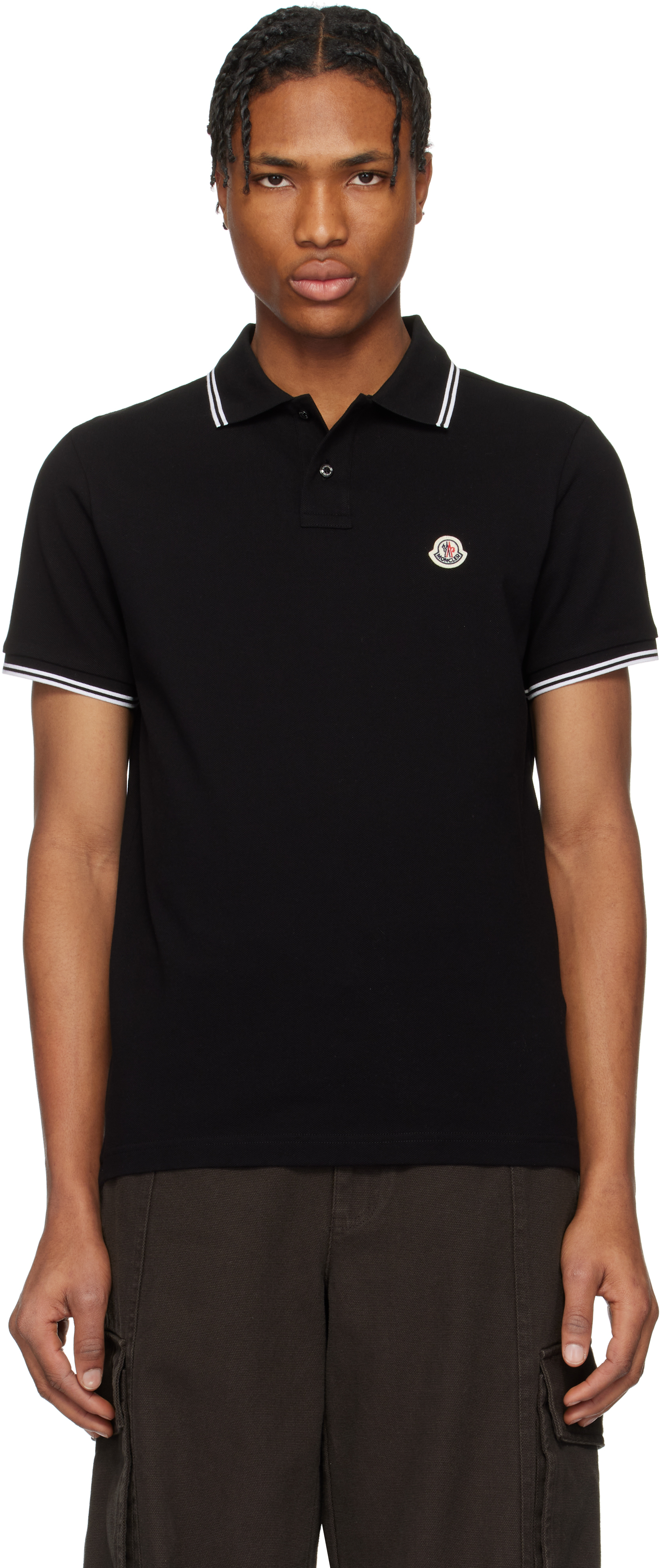 Moncler: Black Striped Trim Cotton Piquet Polo | SSENSE