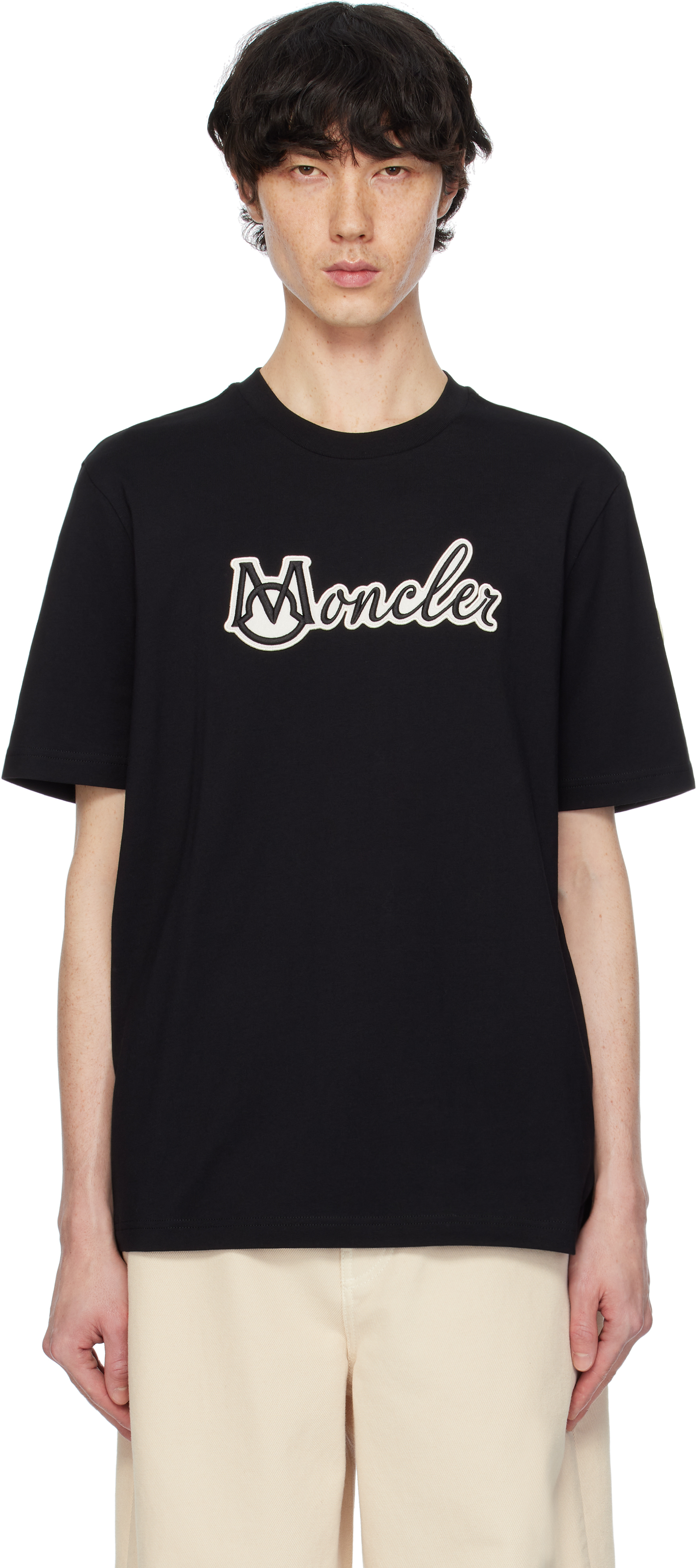 Tシャツ・カットソー Moncler Cotton T-Shirt With Embroidery Moncler: Black Embroidered Varsity Logo Cotton T-shirt | SSENSE
