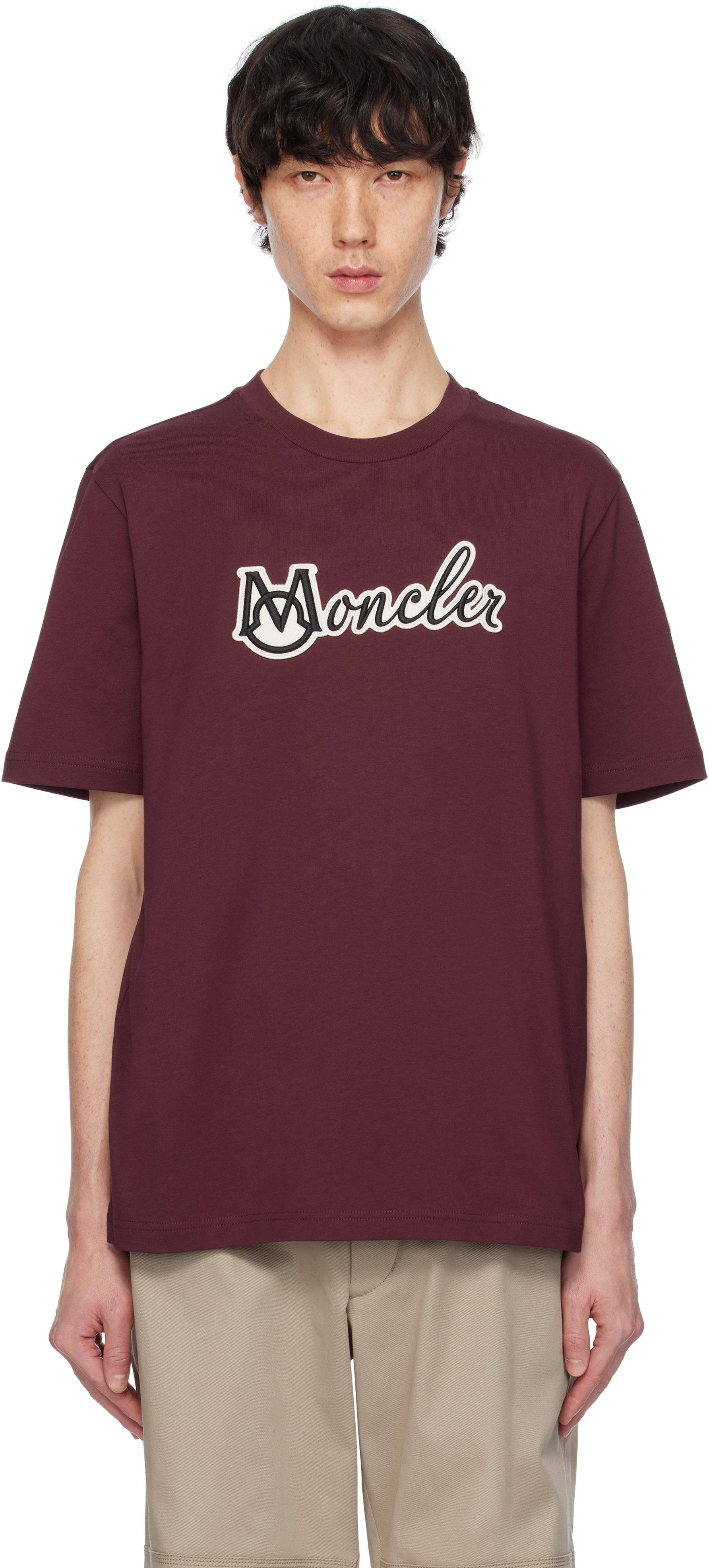 Moncler: Burgundy Embroidered Varsity Logo Cotton T-shirt
