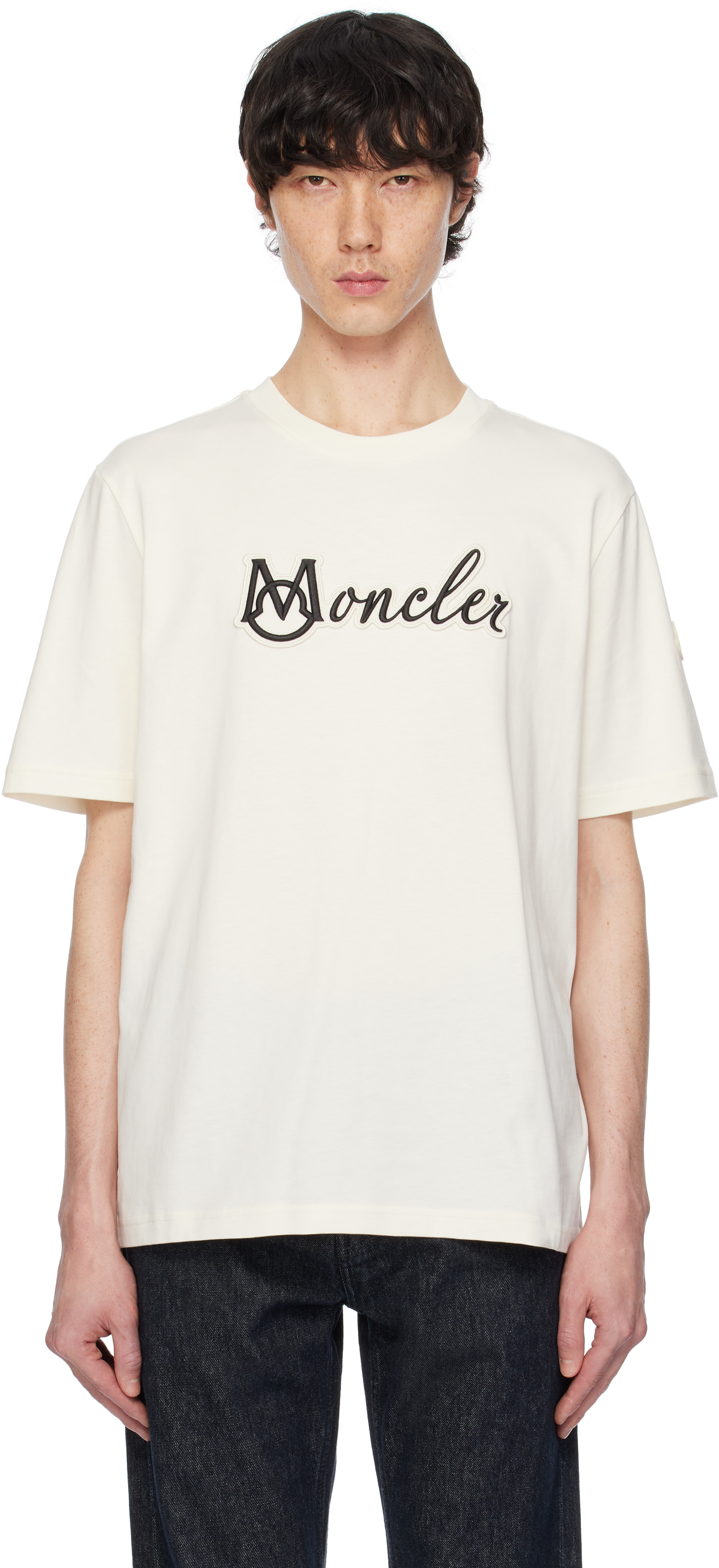 Moncler: Off-White Embroidered Varsity Logo Cotton T-shirt