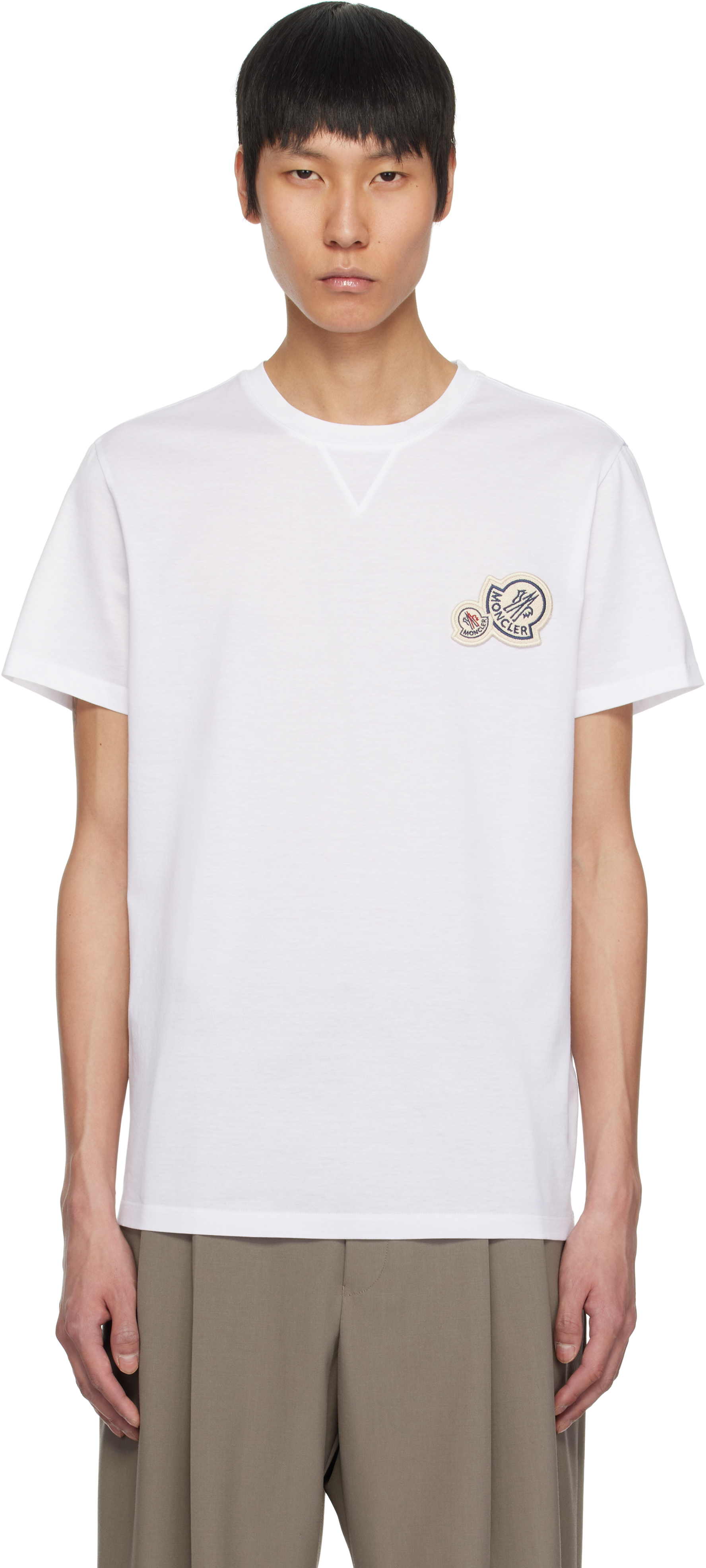 Moncler: White Double Logo Patch Cotton T-shirt | SSENSE Moncler: White Double Logo Patch Cotton T-shirt | SSENSE