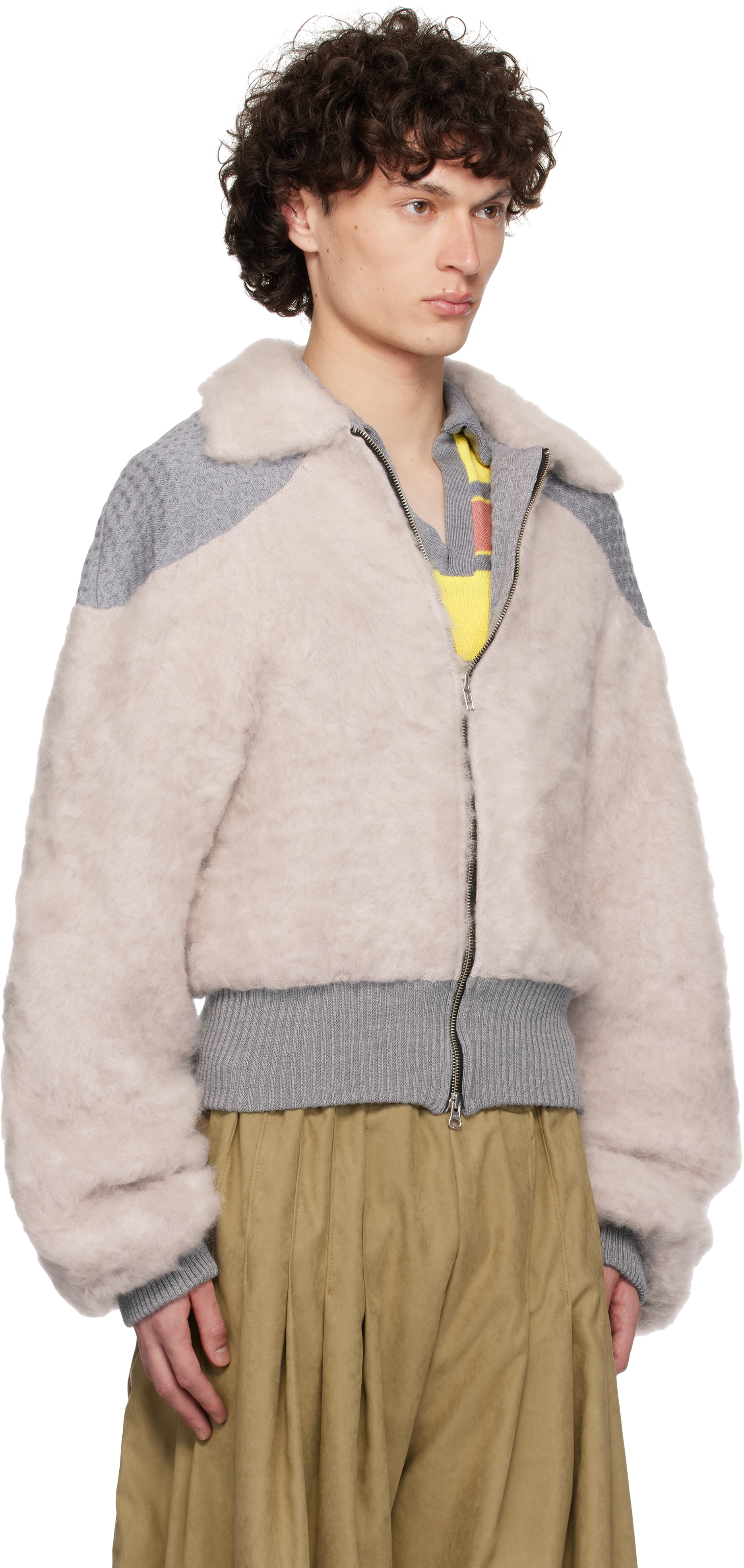 Shop Andrej Gronau Gray Knitted Mohair & Merino Bomber Jacket