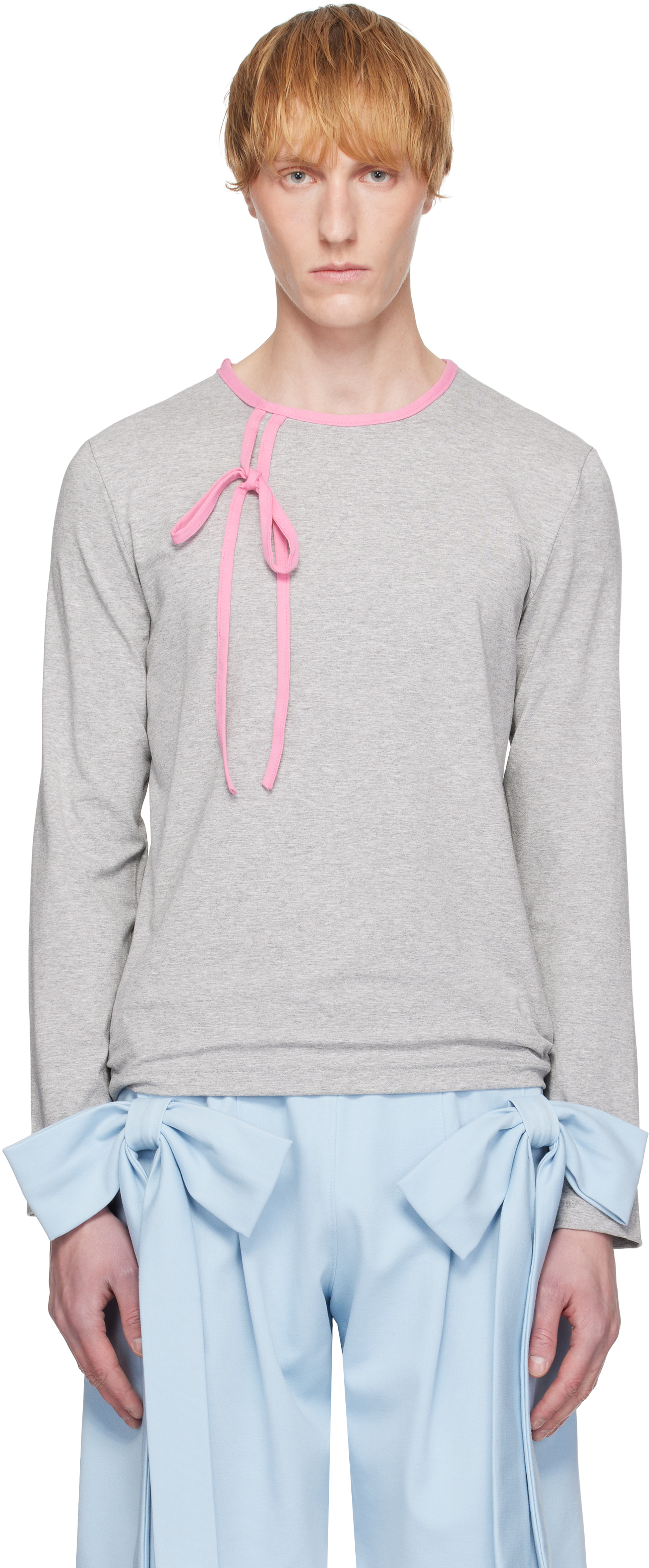 Andrej Gronau Gray & Pink Bow Piping Jersey Top