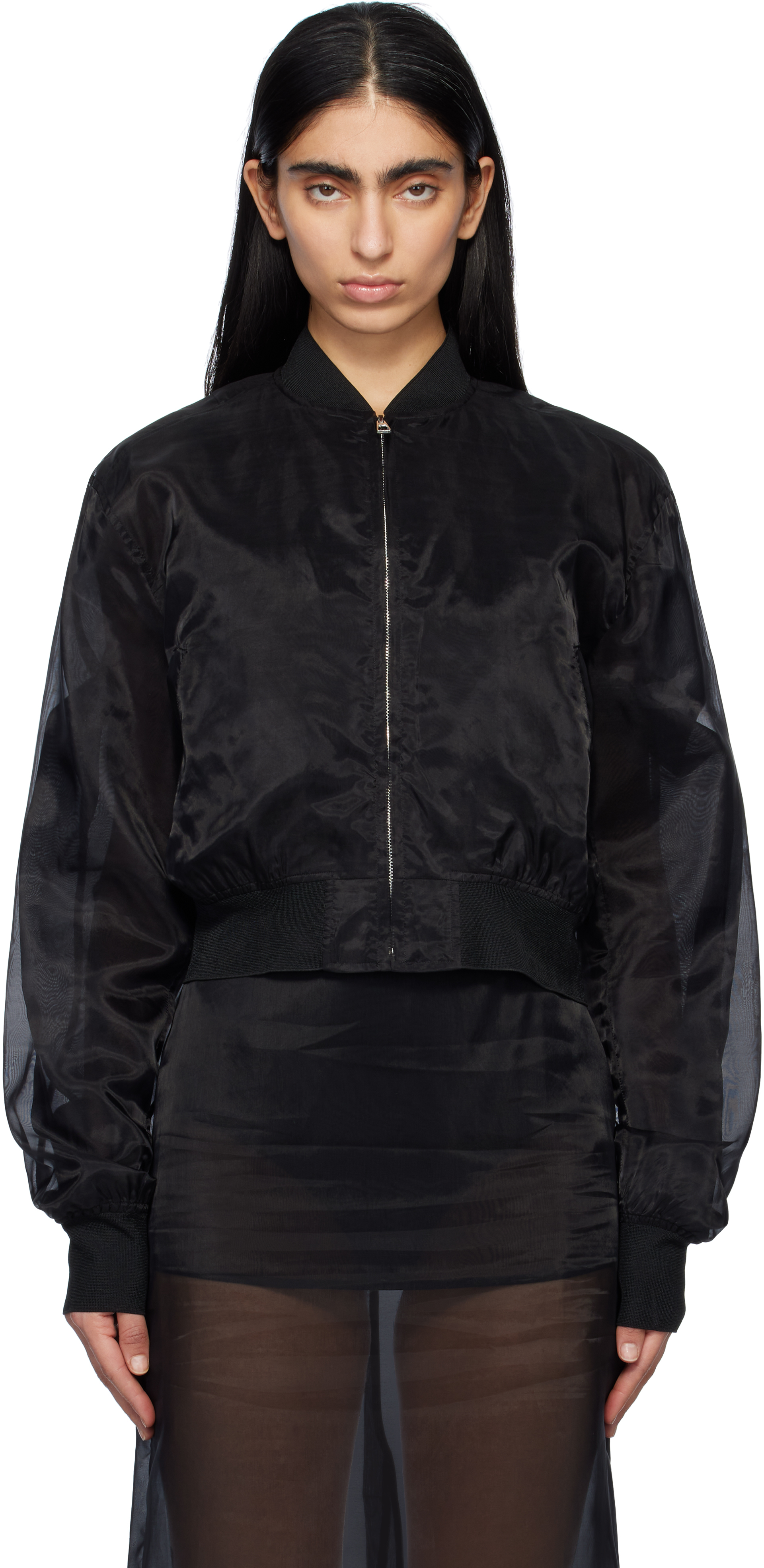 The Frankie Shop: Black Micky Cropped Sheer Bomber Jacket
