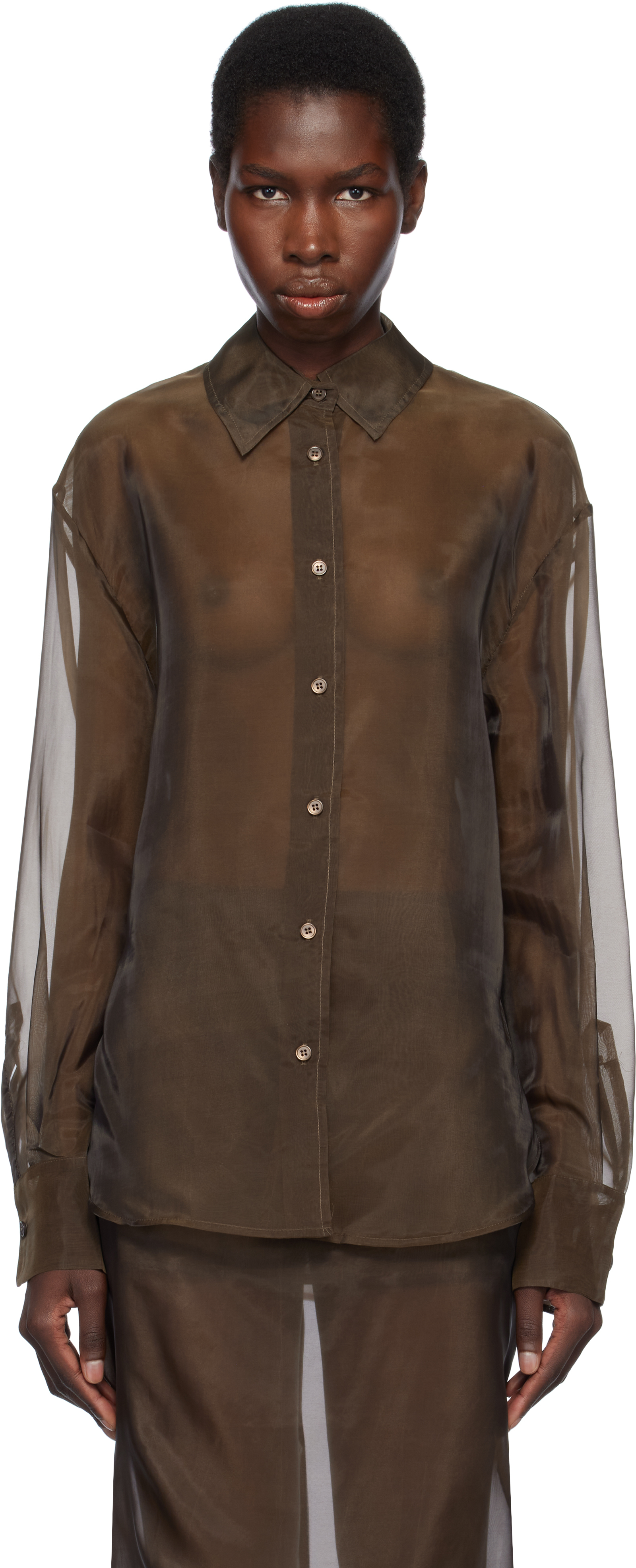 THE FRANKIE SHOP BROWN PERI SHEER SHIRT