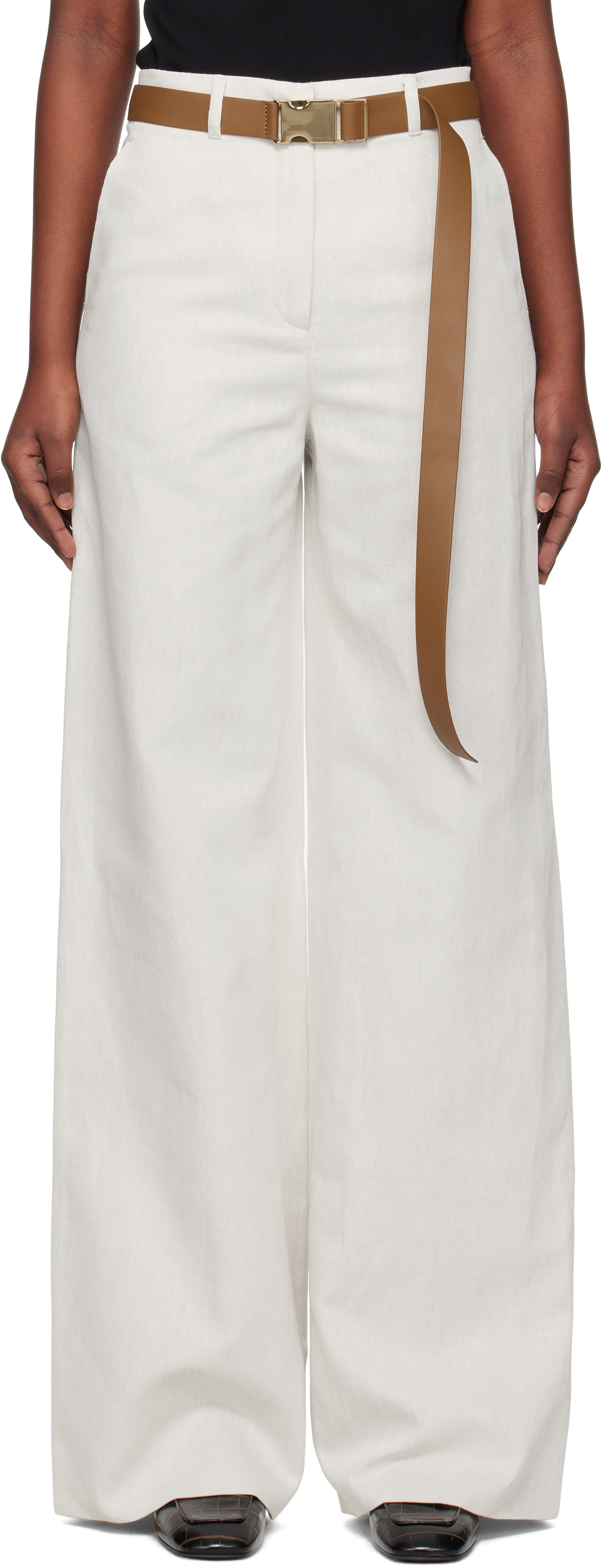 Max Mara Murge Trousers In White Cotton And Linen With Belt In 004 Beige