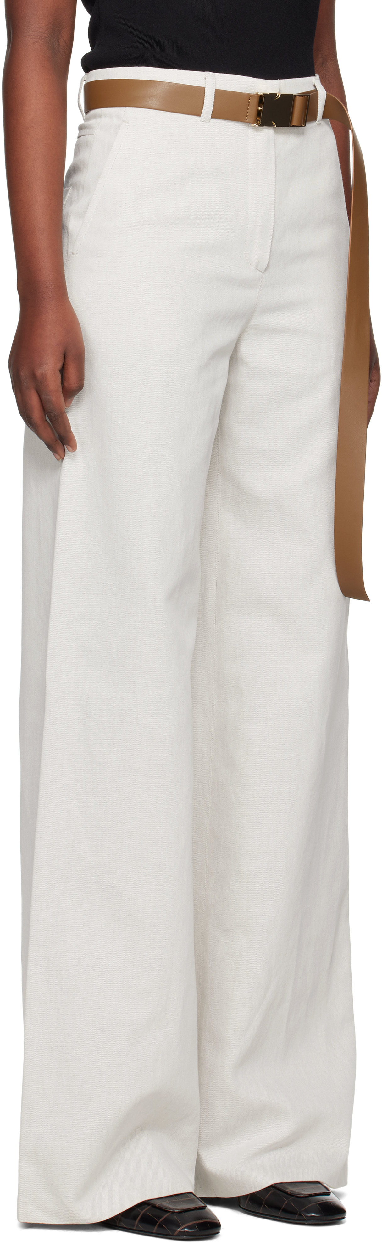 Max Mara Murge Trousers In White Cotton And Linen With Belt In 004 Beige