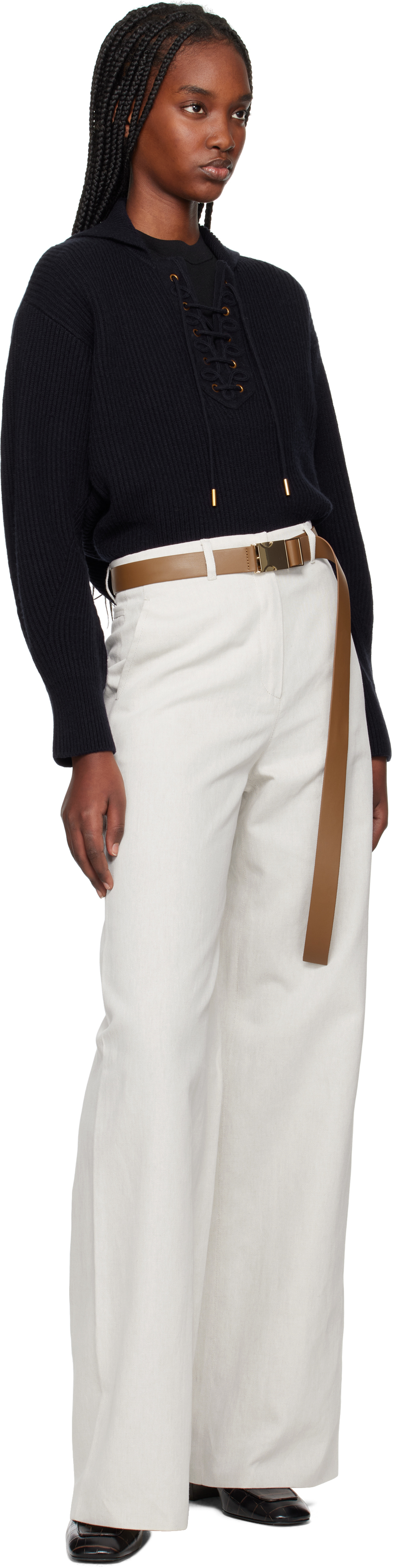 Max Mara Murge Trousers In White Cotton And Linen With Belt In 004 Beige