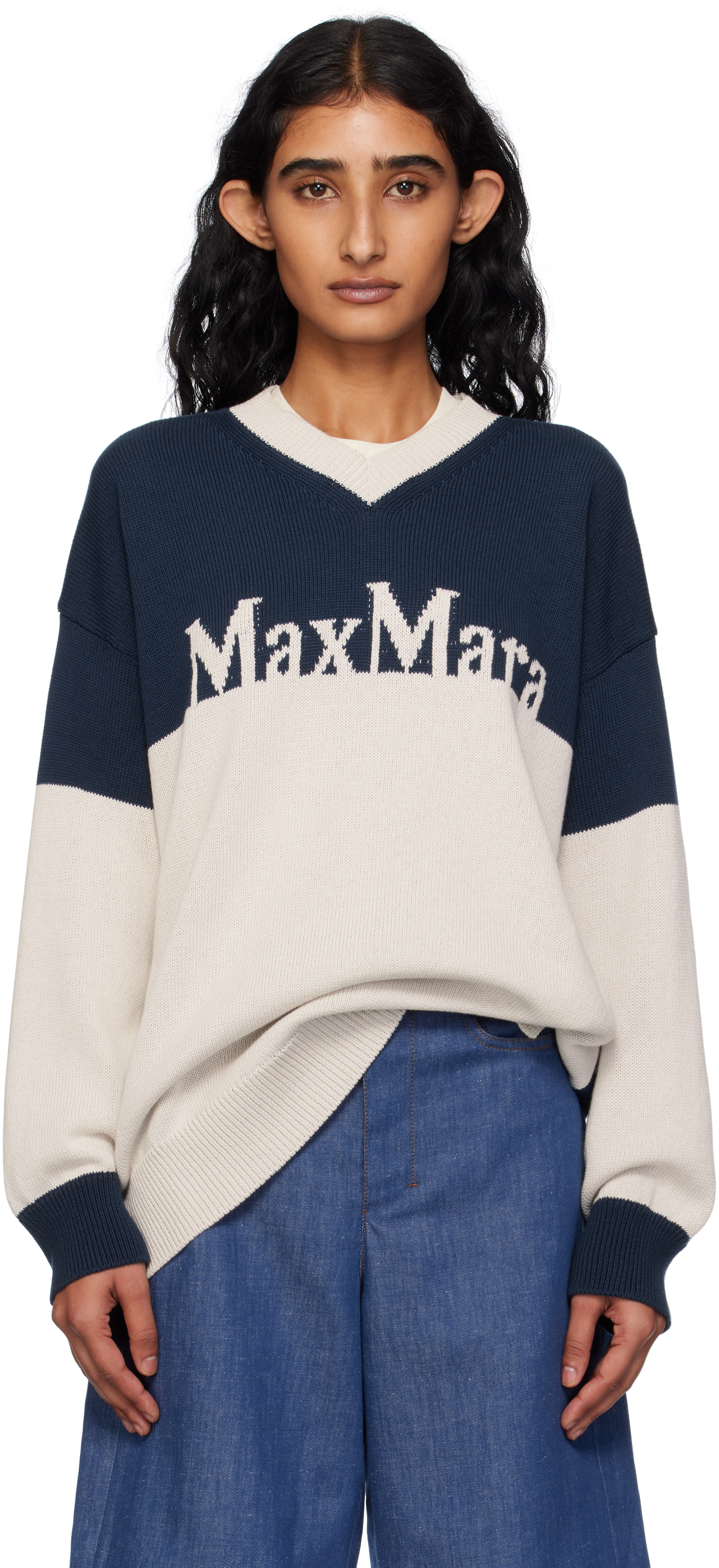 Max Mara Off-white & Navy Luigi Sweater In Blue