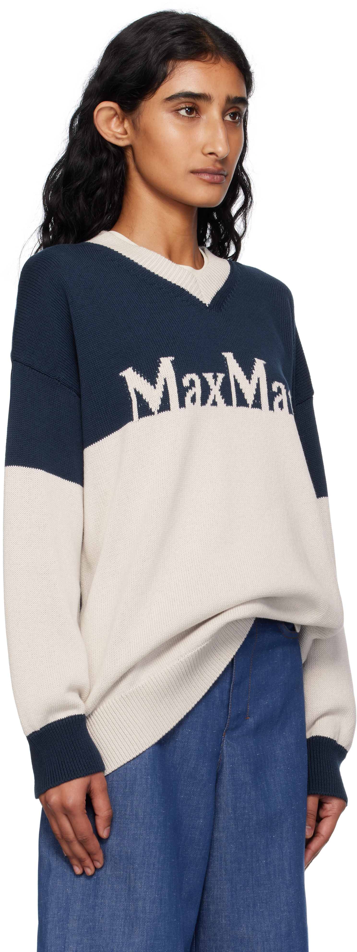Max Mara Off-white & Navy Luigi Sweater In Blue