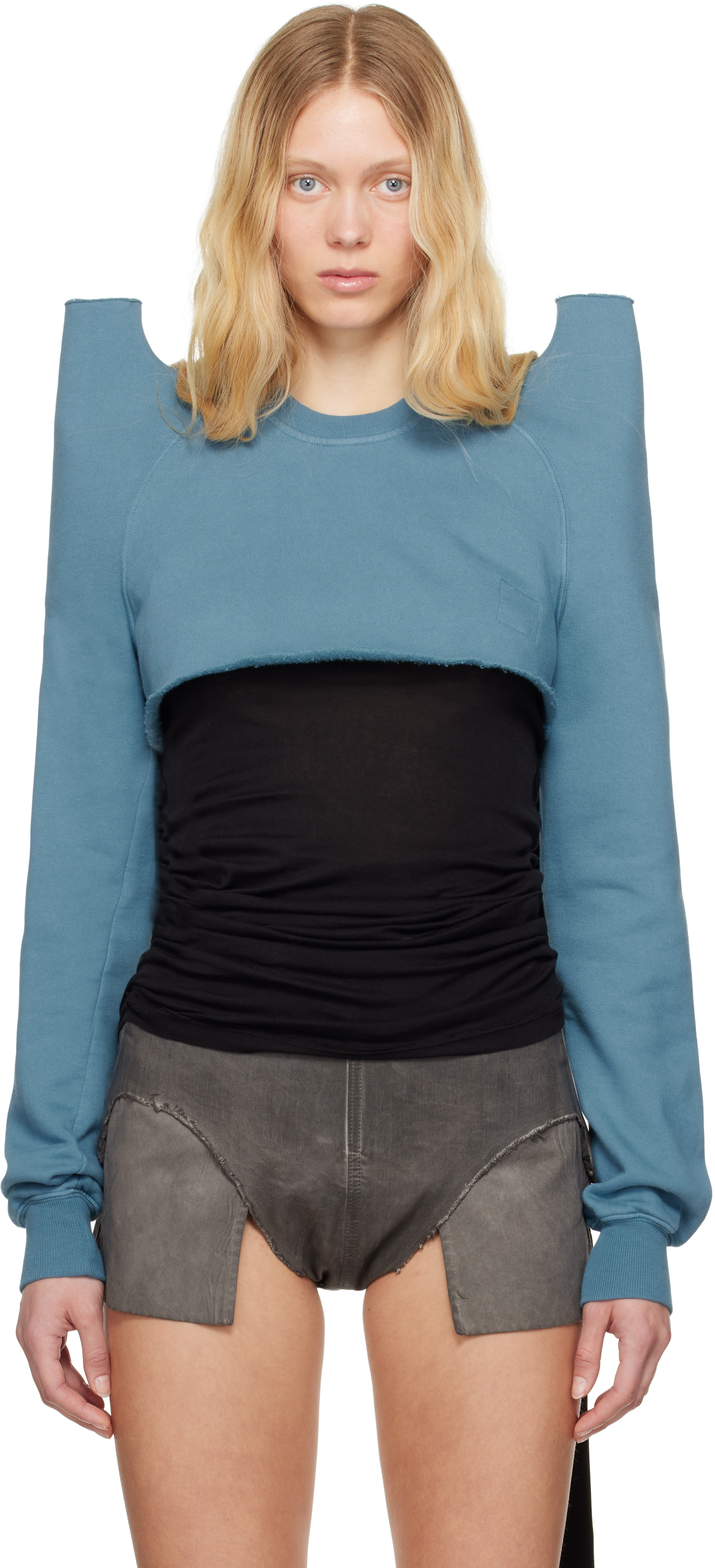 Rick Owens DRKSHDW: Blue Hollywood Cropped Tecsweat Rick Owens DRKSHDW: Blue Hollywood Cropped Tecsweat