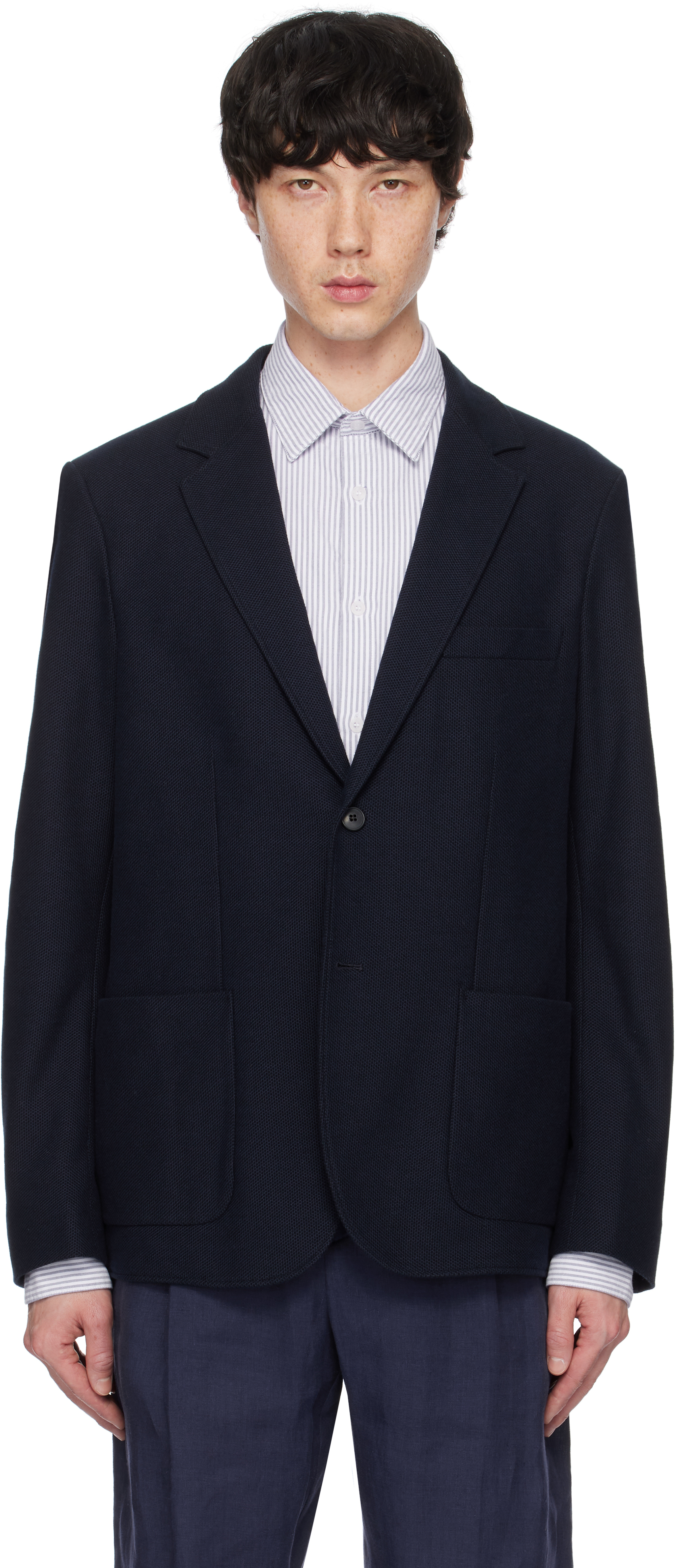 Navy Piqué Unstructured Blazer