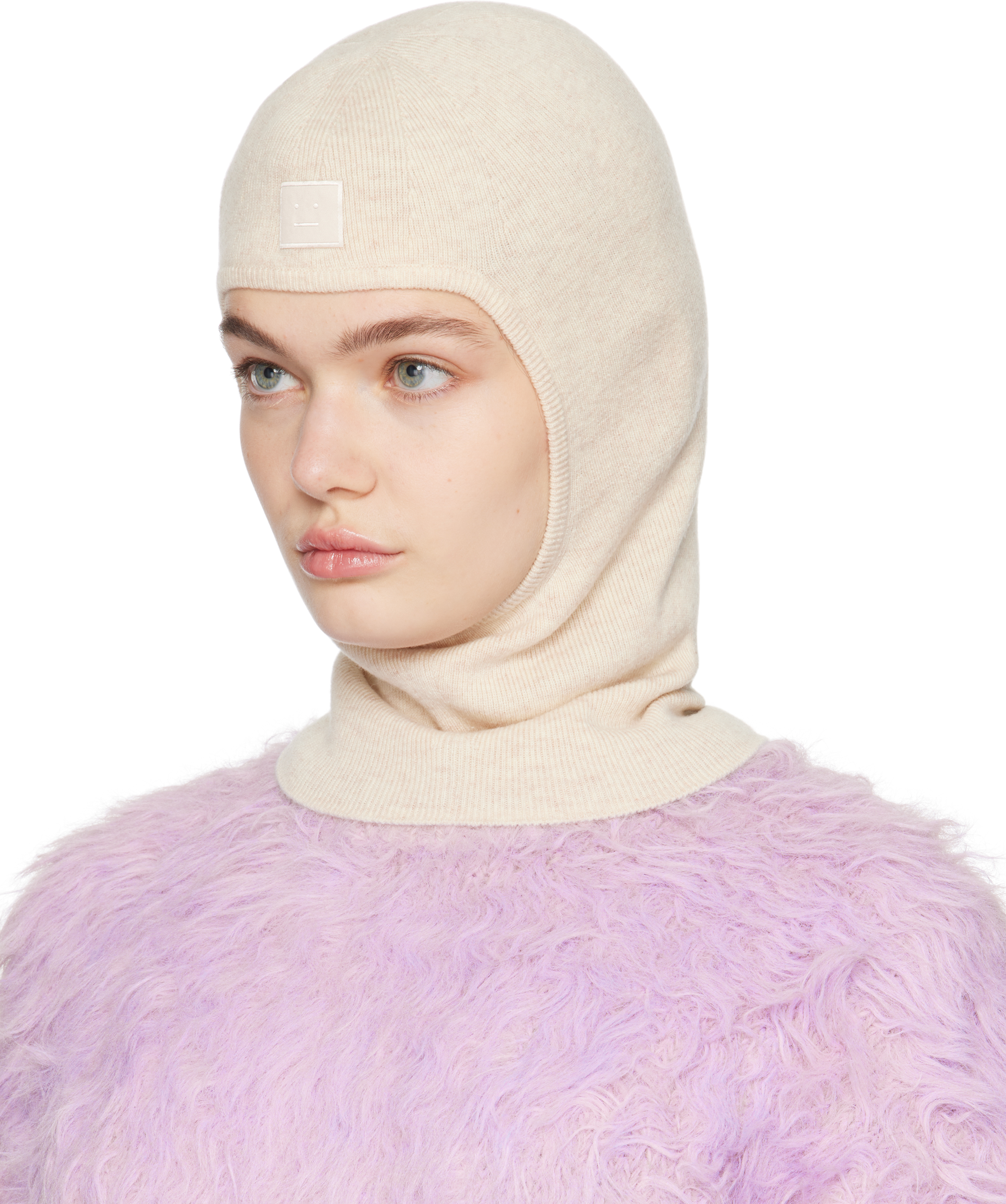 Acne Studios Beige Face Logo Balaclava In 633 Oatmeal Melange
