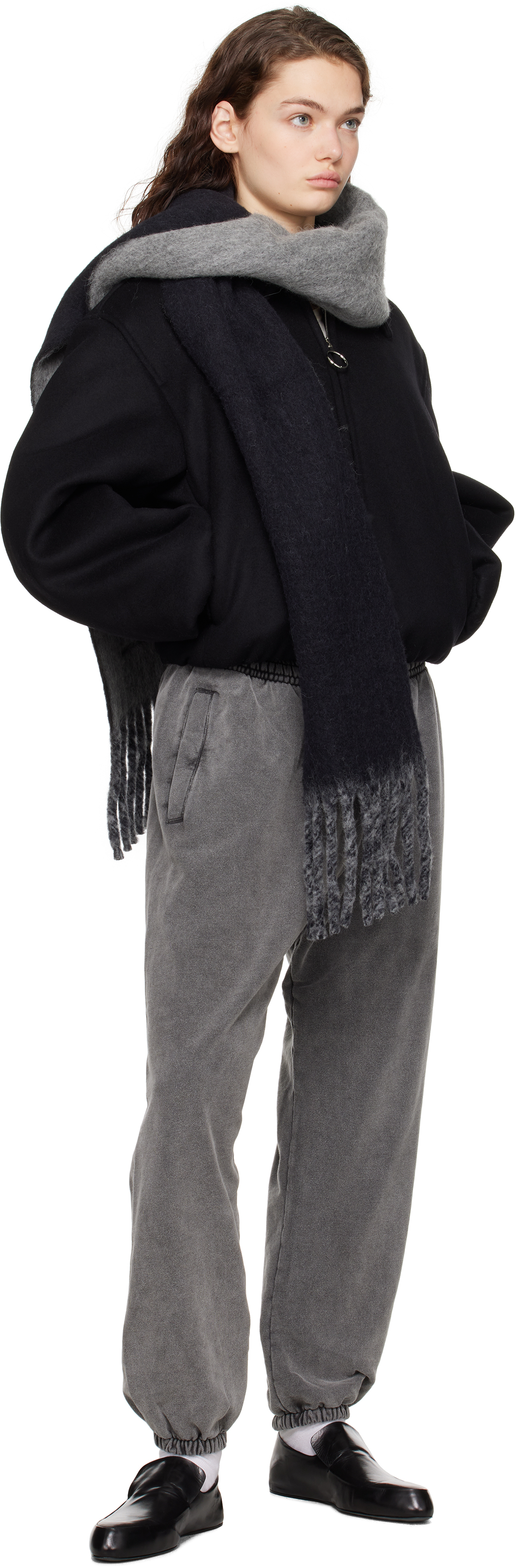 Acne Studios Black & Gray Fringed Logo Label Scarf In Aik Black/grey