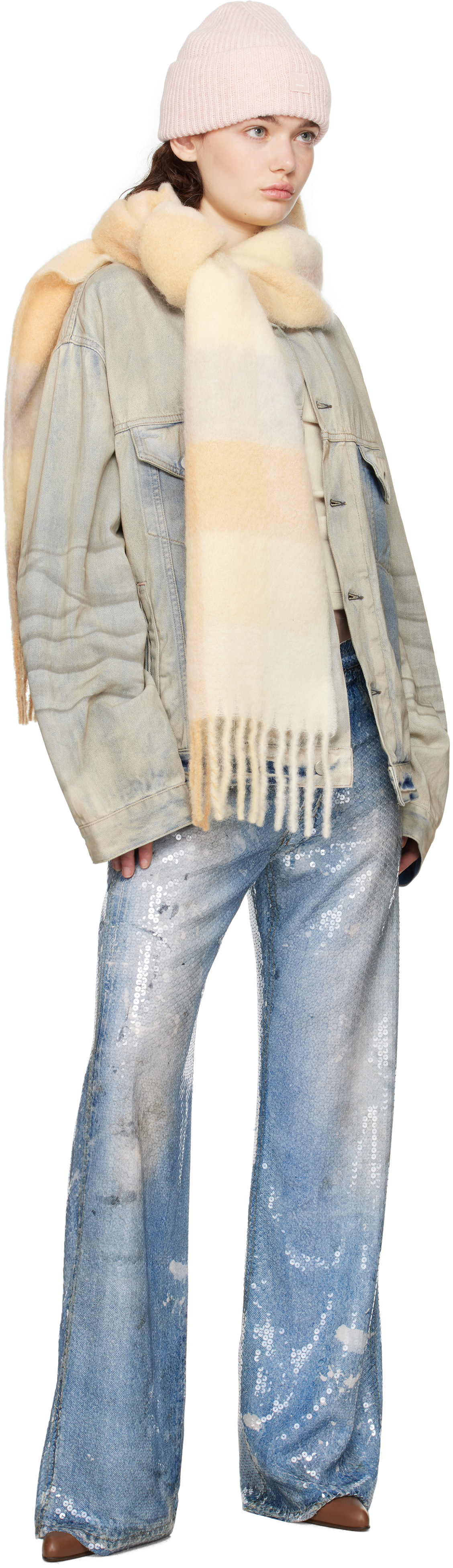 Shop Acne Studios Yellow & Orange Mohair Checked Scarf In Ds8 Peach/white/beig