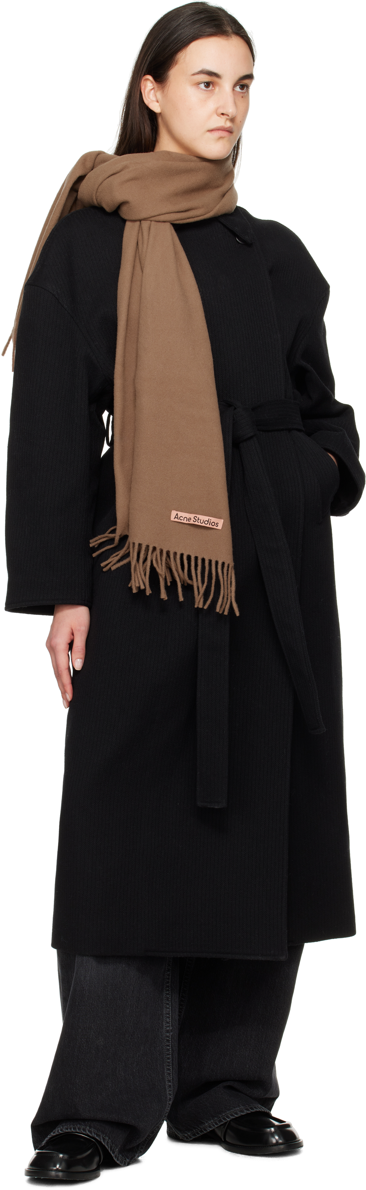 Acne Studios Brown Fringe Wool Narrow Scarf In 59c Caramel Brown