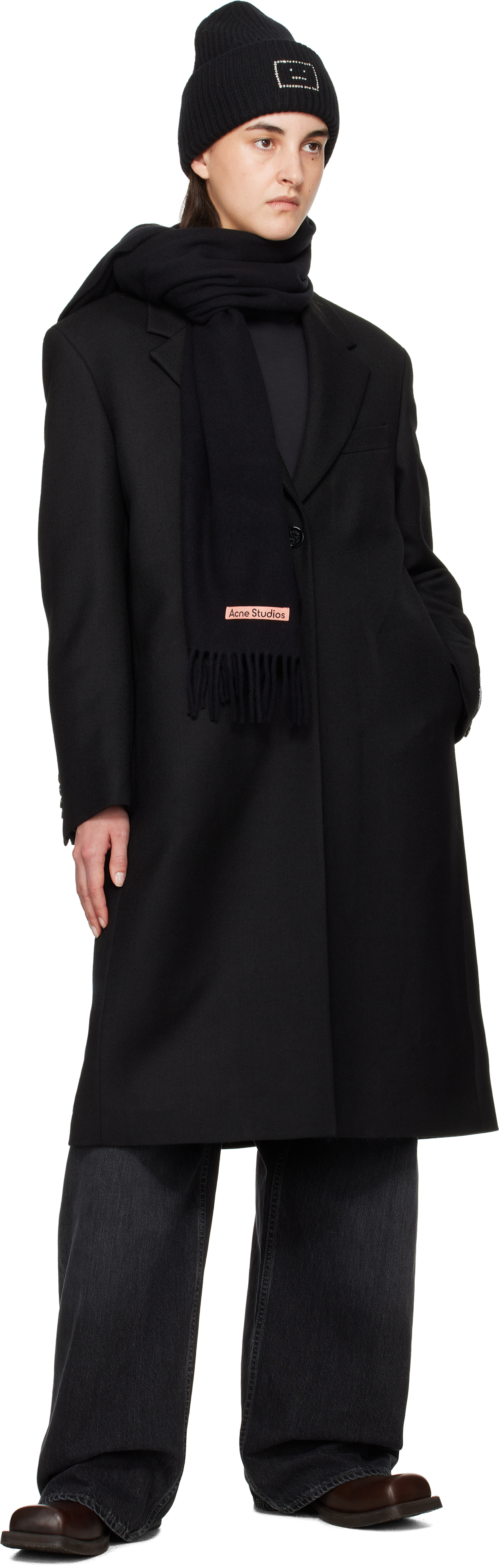 Shop Acne Studios Black Fringe Wool Narrow Scarf In 900 Black