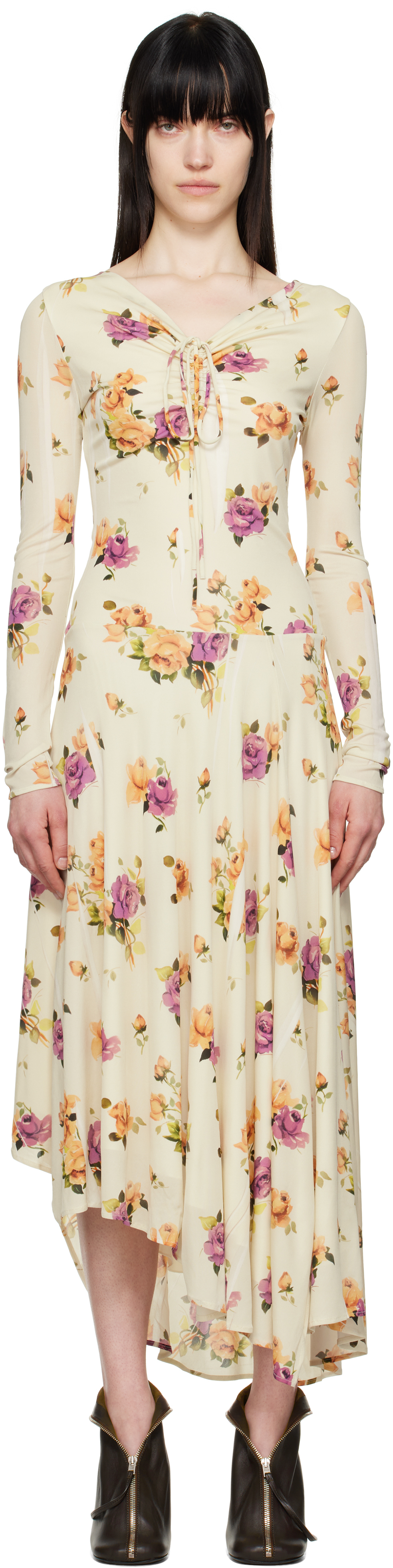 Acne Studios Asymmetric Floral-print Crepe Dress In Bmy Pink/purple