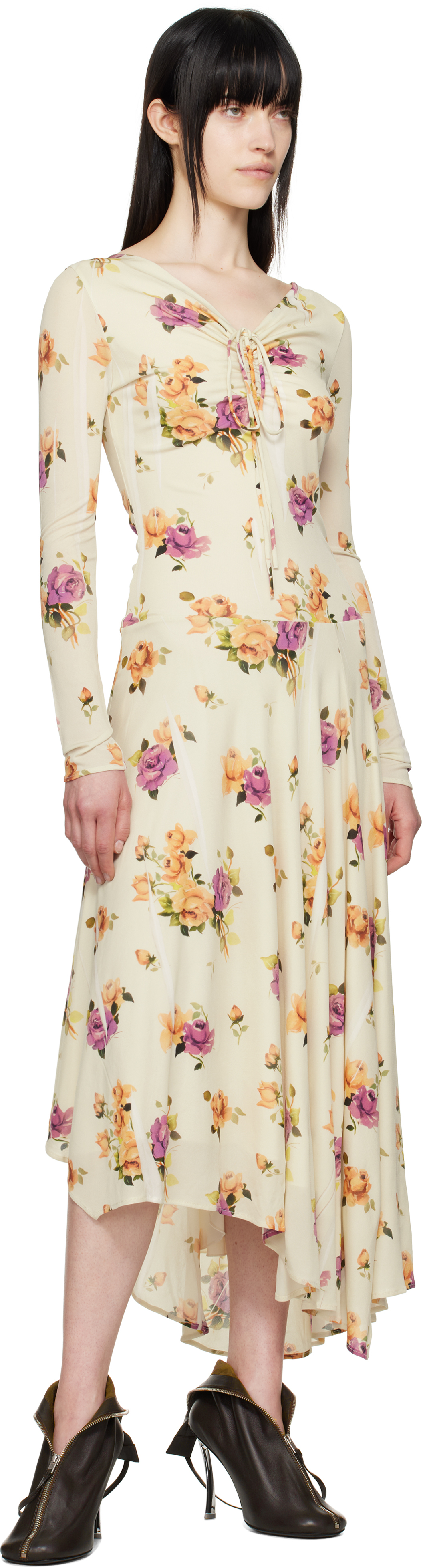 Acne Studios Asymmetric Floral-print Crepe Dress In Bmy Pink/purple