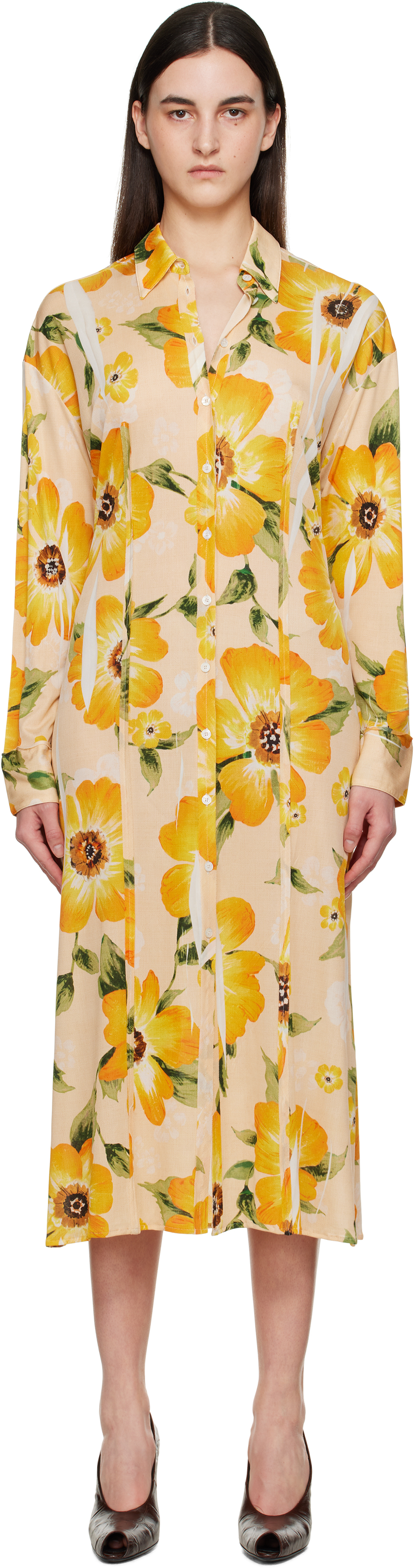 Orange Button-Up Printed Midi Dress