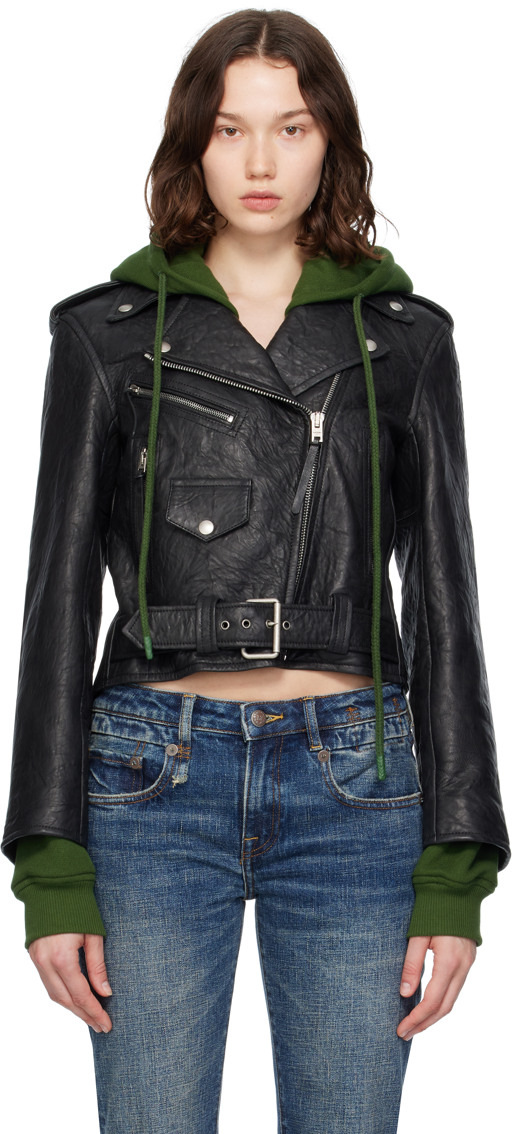 Black & Green Layered Leather Jacket