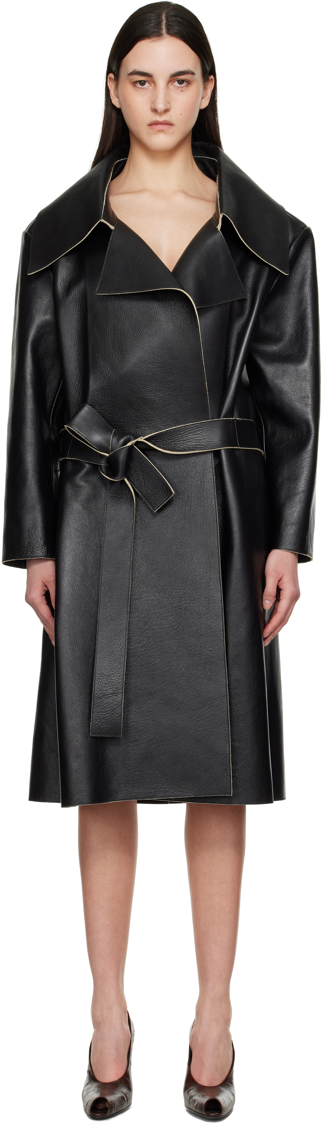 Black Double-Breasted Leather Coat