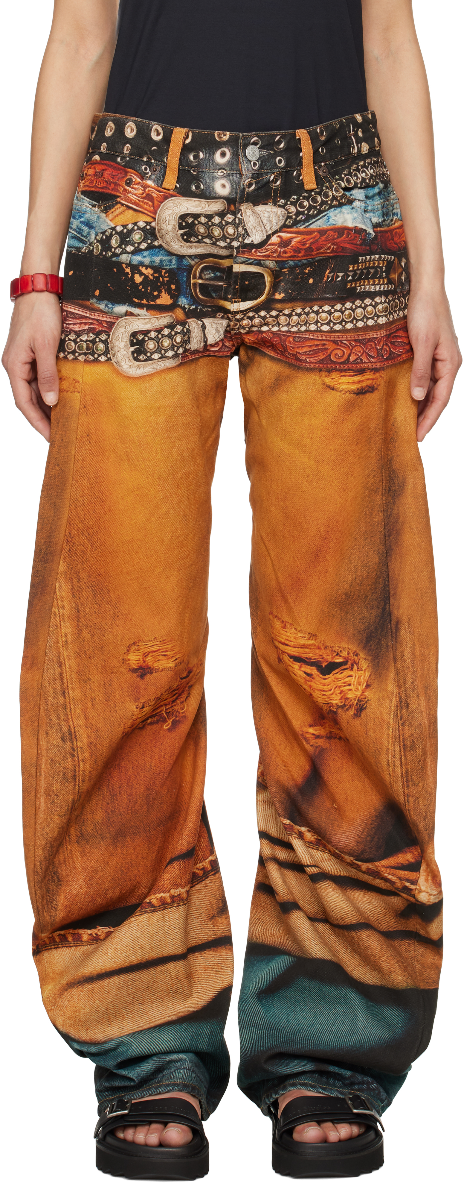 Orange Stacked Belts Jeans