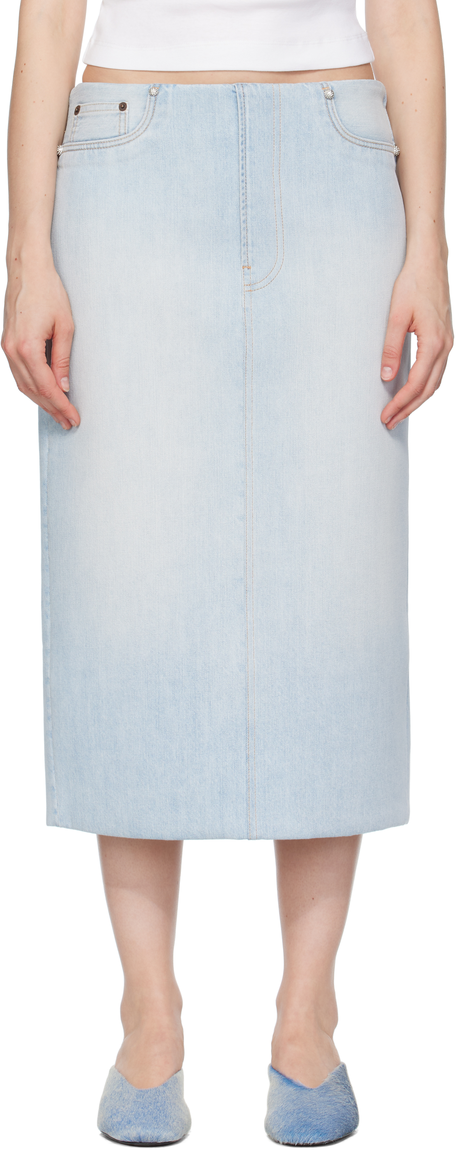 Blue Padded Denim Midi Skirt