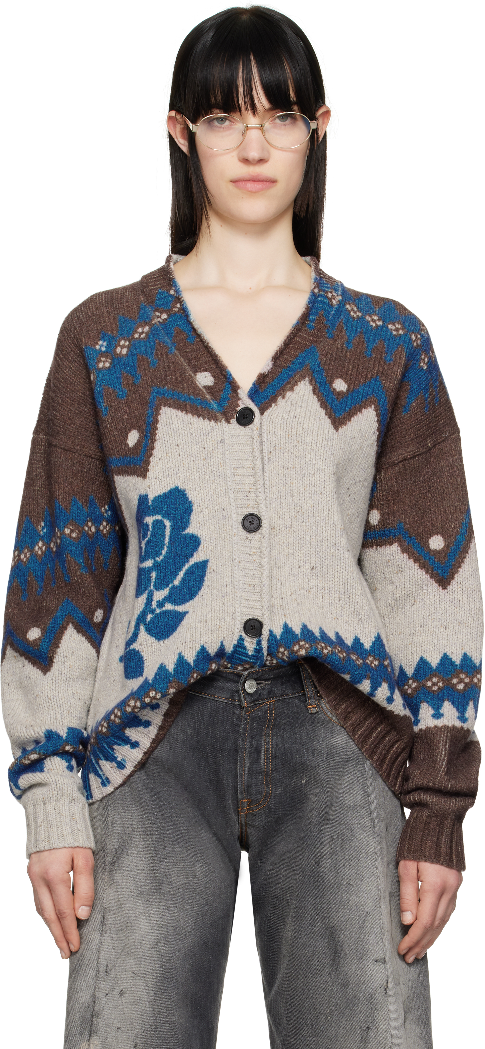 Acne Studios Jacquard Wool Cardigan In Bkf Brown/multi