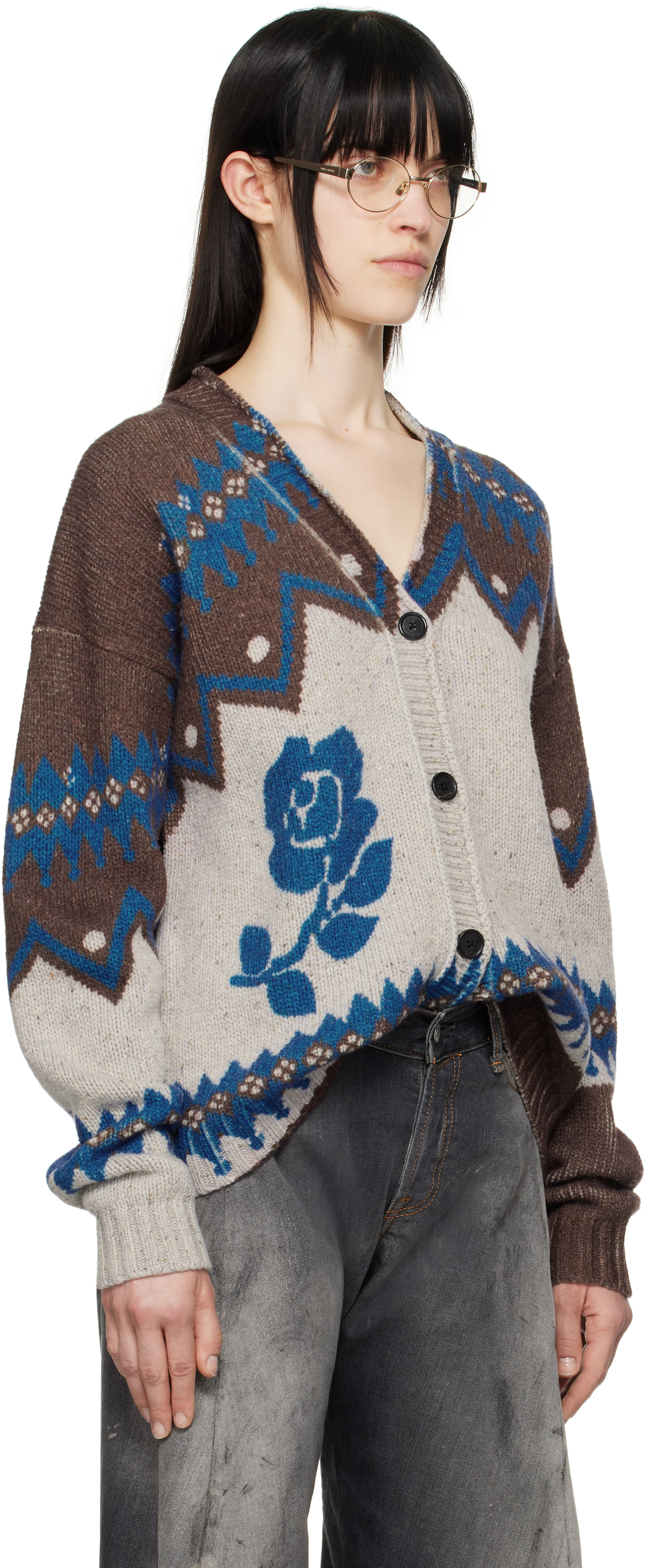 Acne Studios Jacquard Wool Cardigan In Bkf Brown/multi
