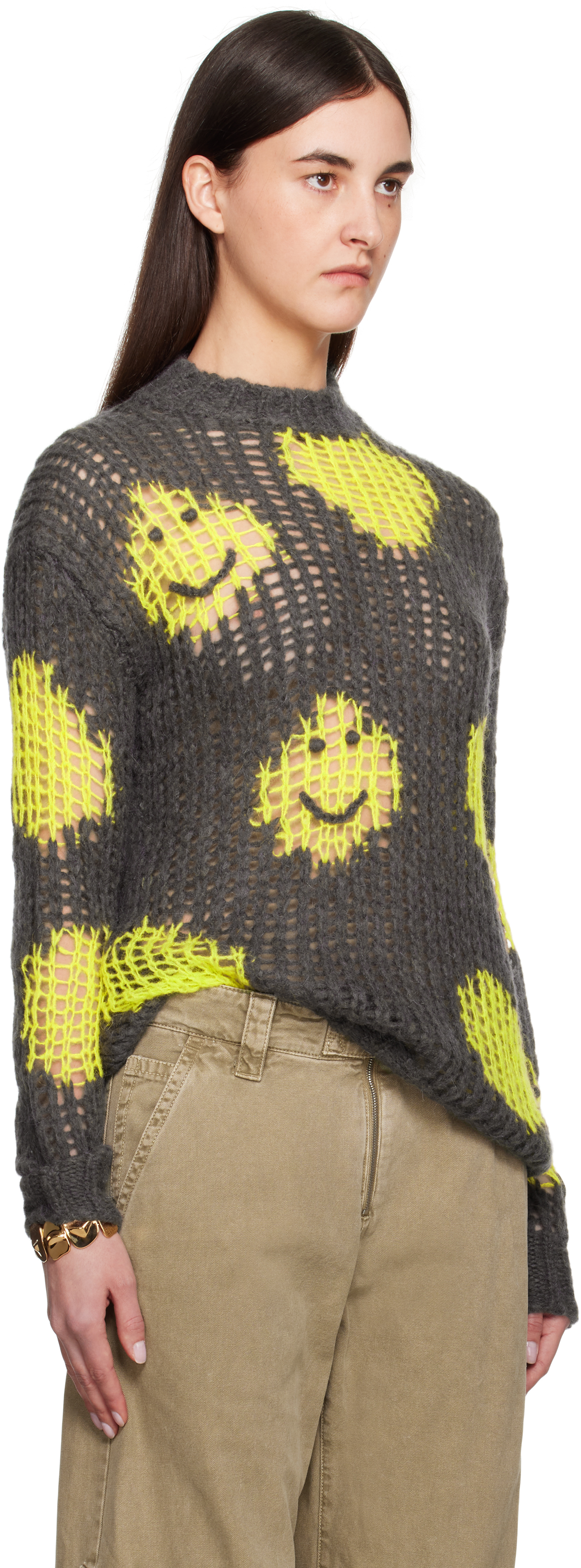Acne Studios Embroidered Open-knit Sweater In Amy Grey/yellow