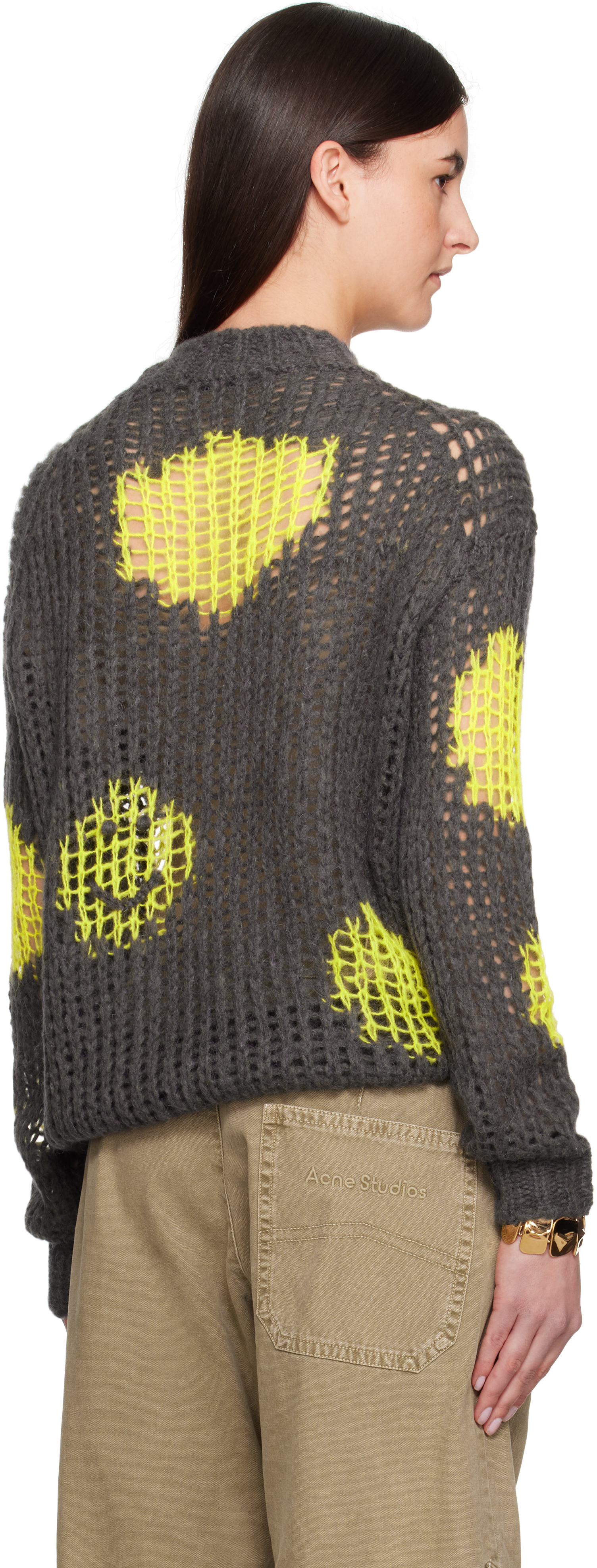 Acne Studios Embroidered Open-knit Sweater In Amy Grey/yellow