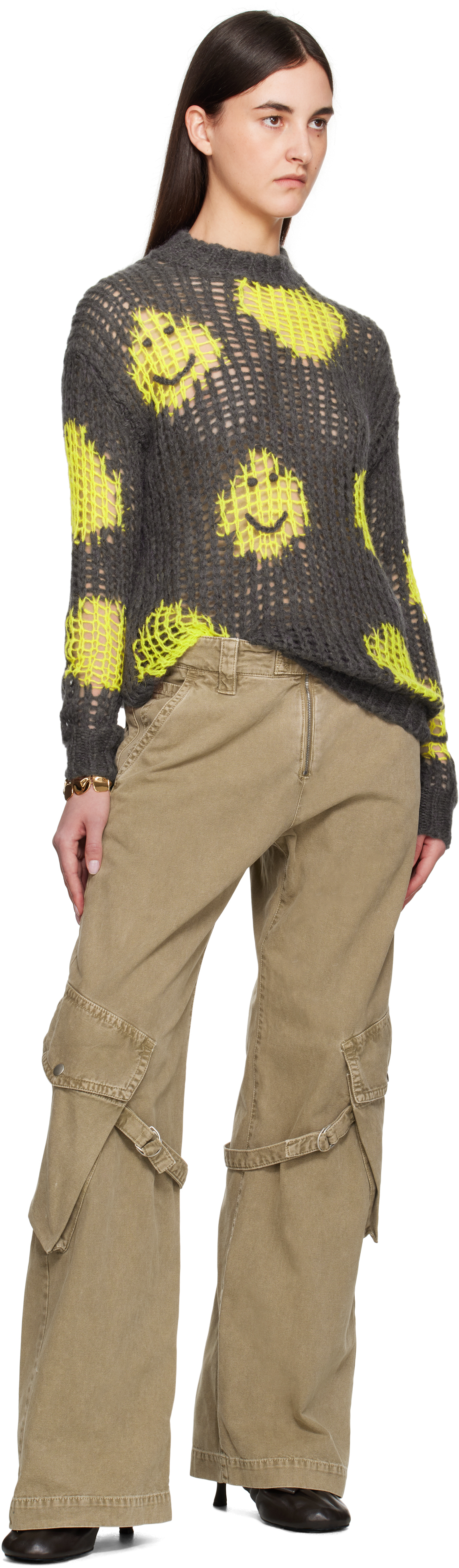 Acne Studios Embroidered Open-knit Sweater In Amy Grey/yellow