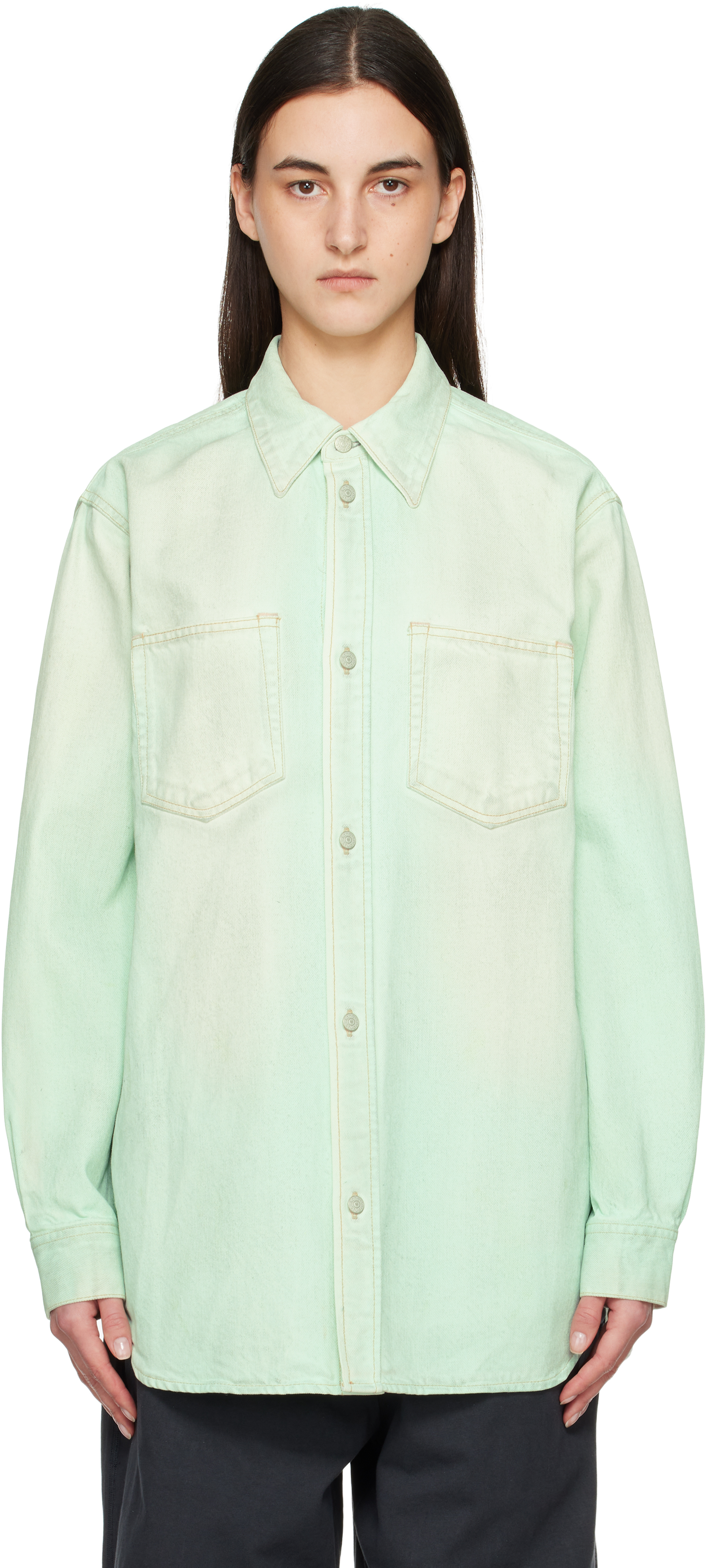 Green Relaxed Fit Button-Up Denim Shirt