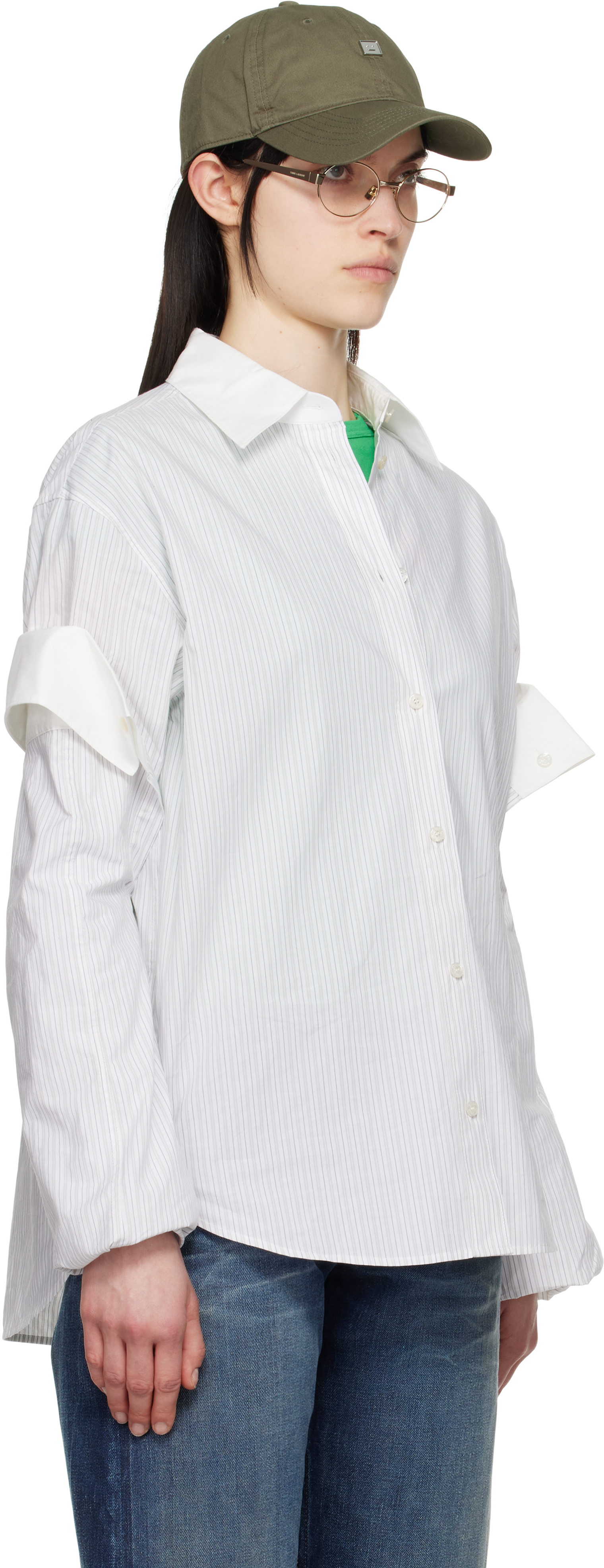 Acne Studios Button-up Layered Shirt In Dif Olive Green/whit