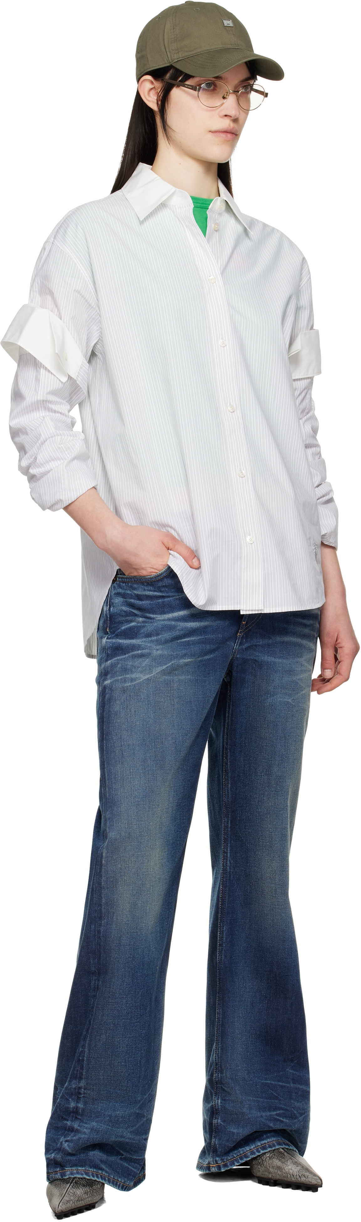 Acne Studios Button-up Layered Shirt In Dif Olive Green/whit