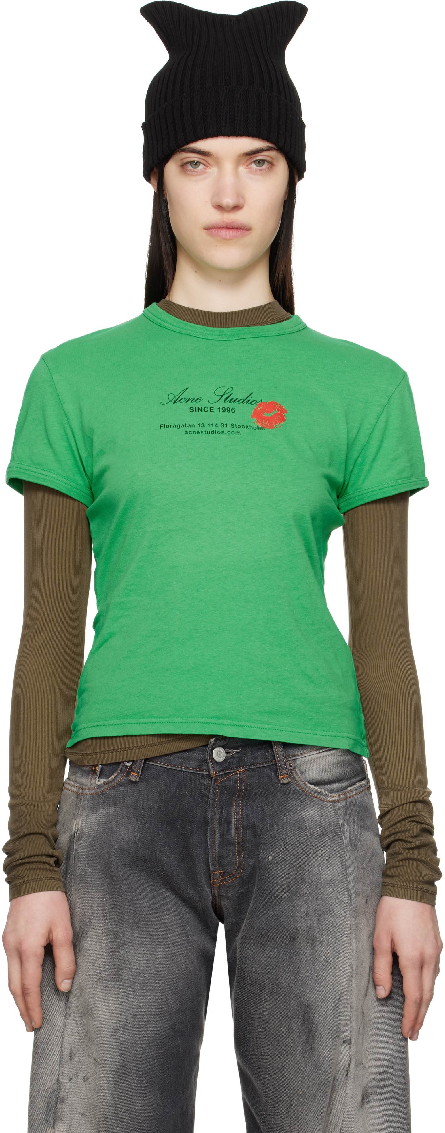 Acne Studios: Green Printed-Logo T-shirt | SSENSE