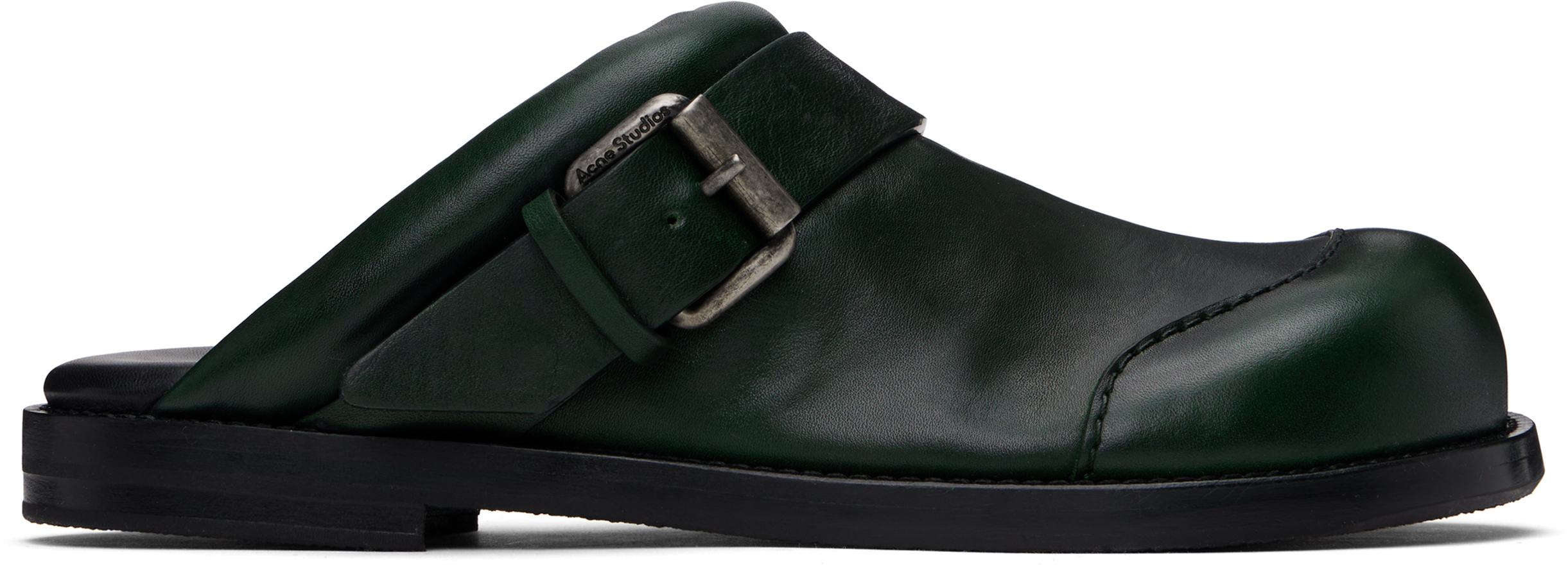 Green Leather Buckle Mules