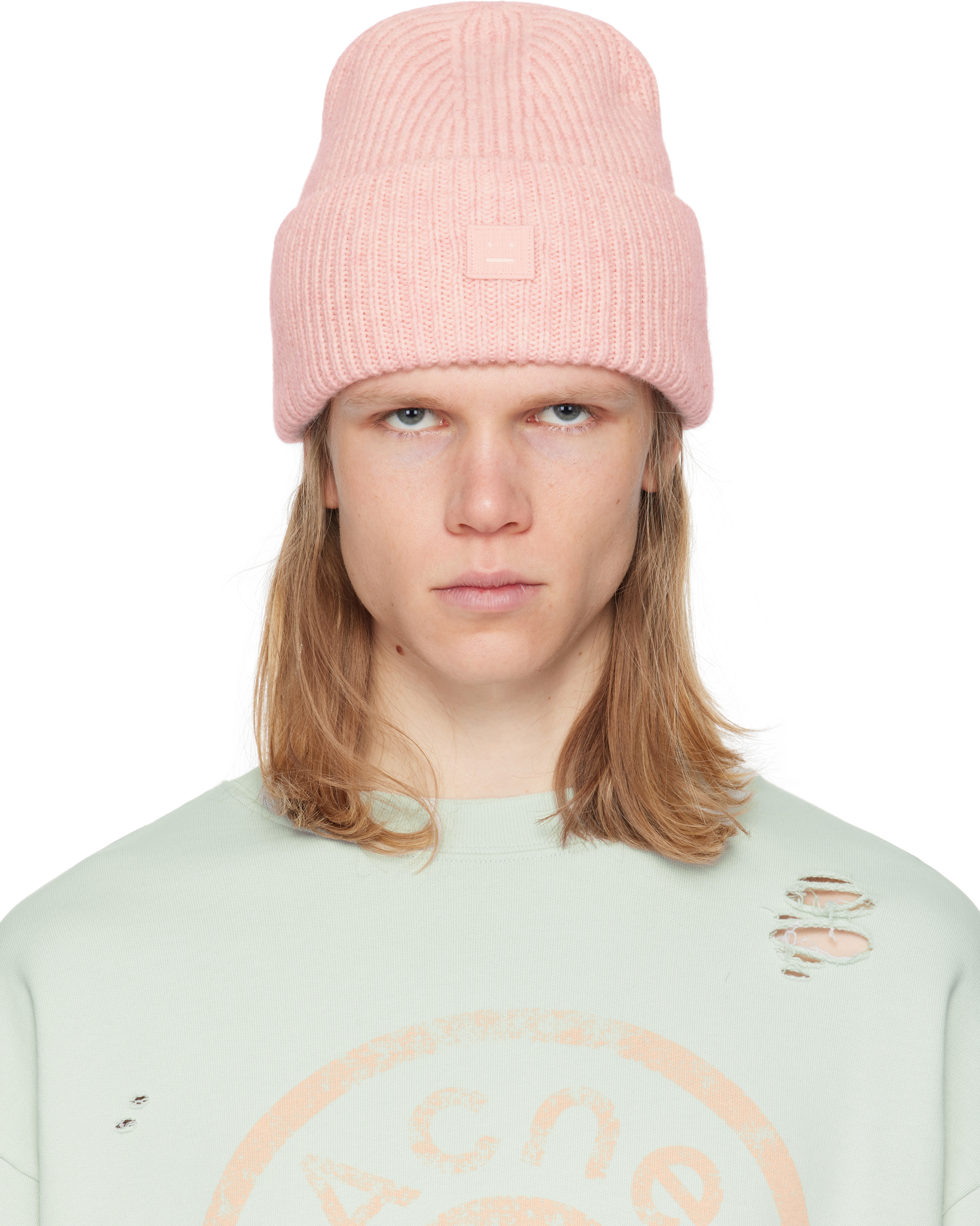 ACNE STUDIOS PINK SMALL FACE LOGO BEANIE 