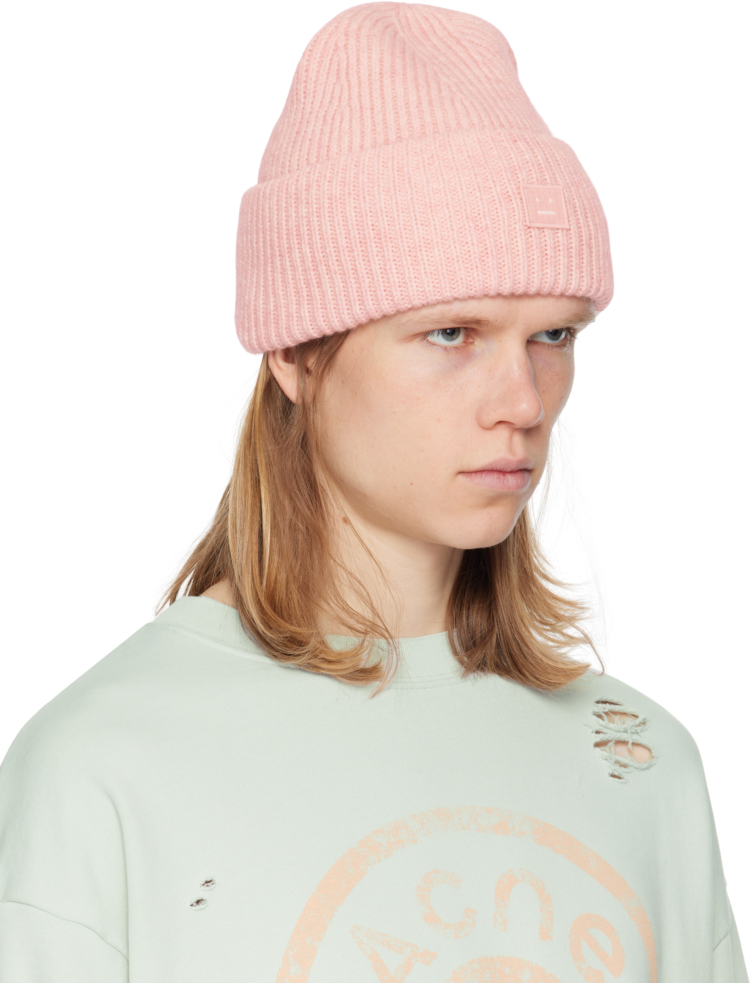 ACNE STUDIOS PINK SMALL FACE LOGO BEANIE 