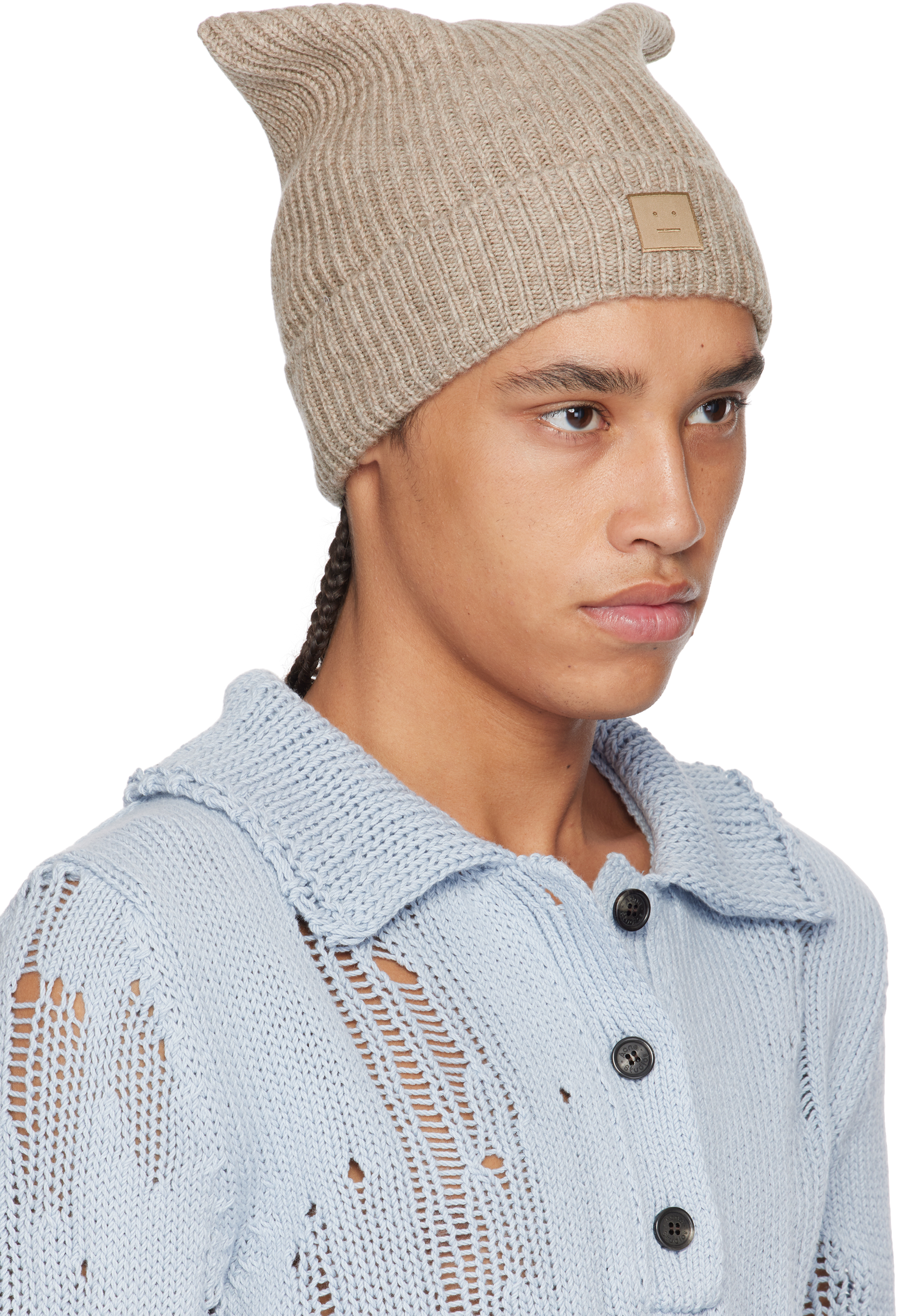 Acne Studios Beige Face Logo Square Beanie In Drn Greige Melange