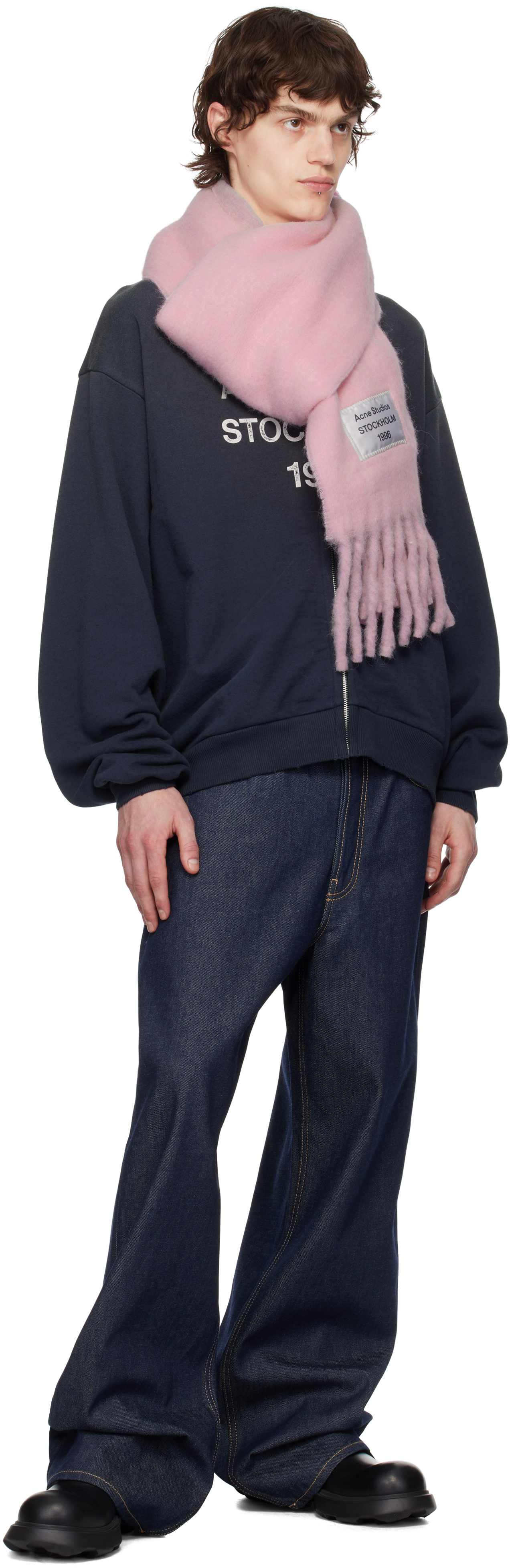 Shop Acne Studios Pink & Purple Logo Label Fringed Scarf In An4 Pink/lilac