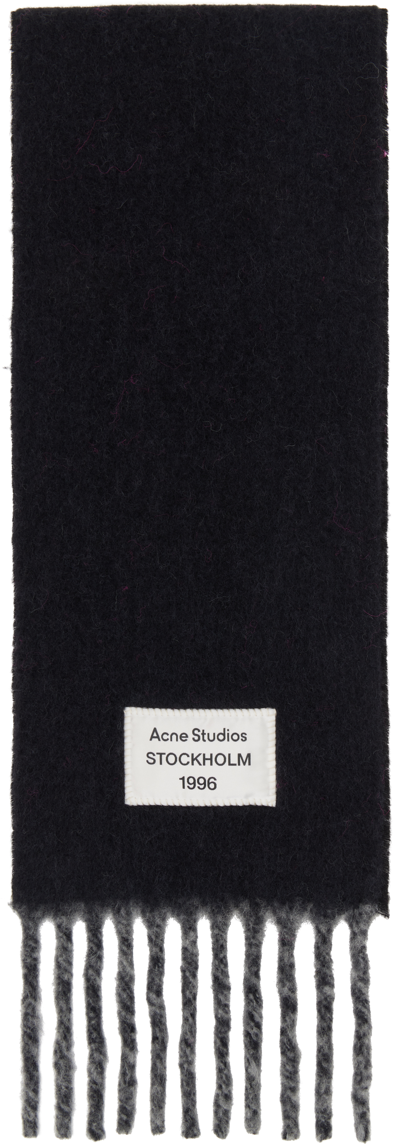 Shop Acne Studios Black & Gray Logo Label Fringed Scarf In Aik Black/grey