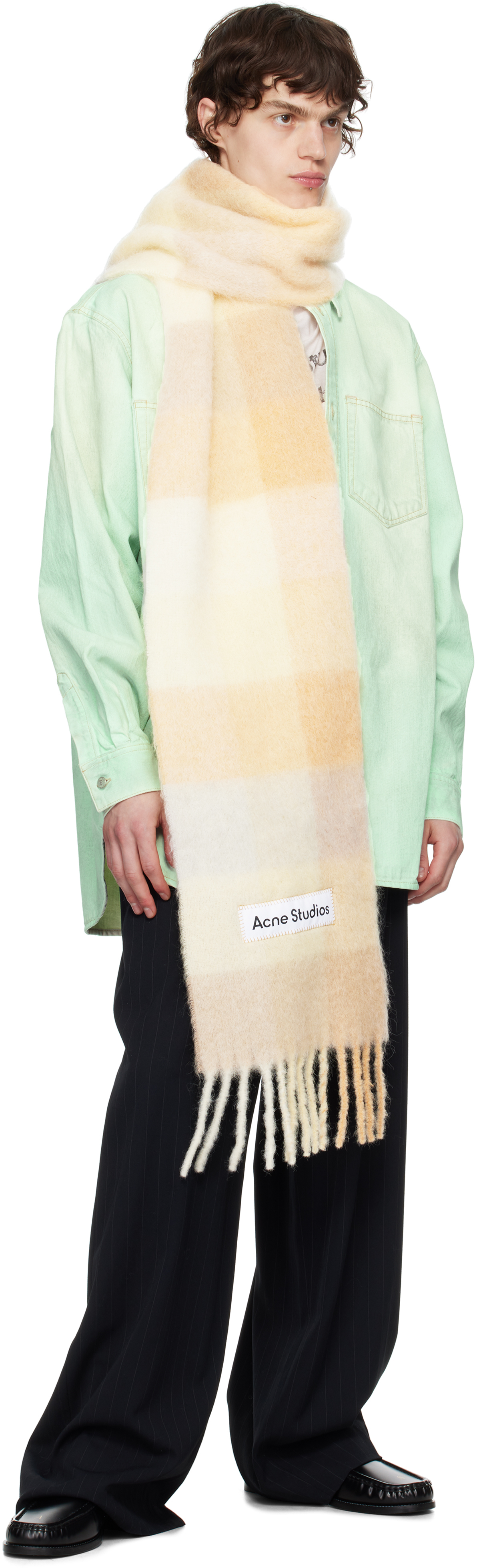 Shop Acne Studios Yellow & Beige Mohair Checked Scarf In Ds8 Peach/white/beig