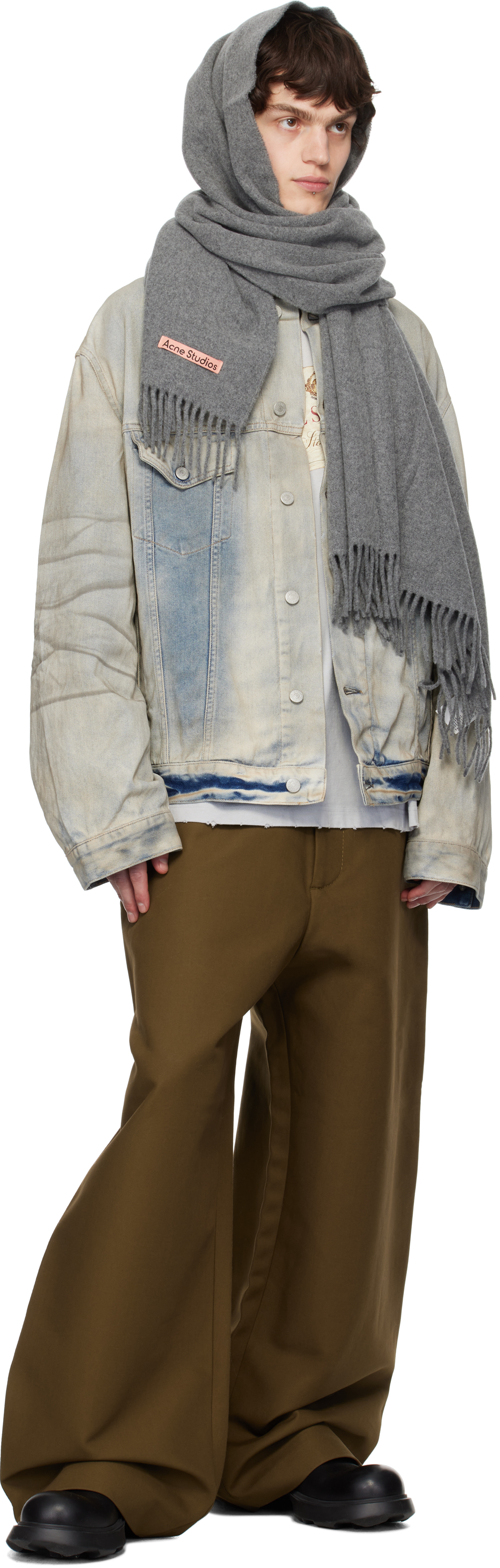 Shop Acne Studios Gray Oversized Fringe Wool Scarf In 990 Grey Melange