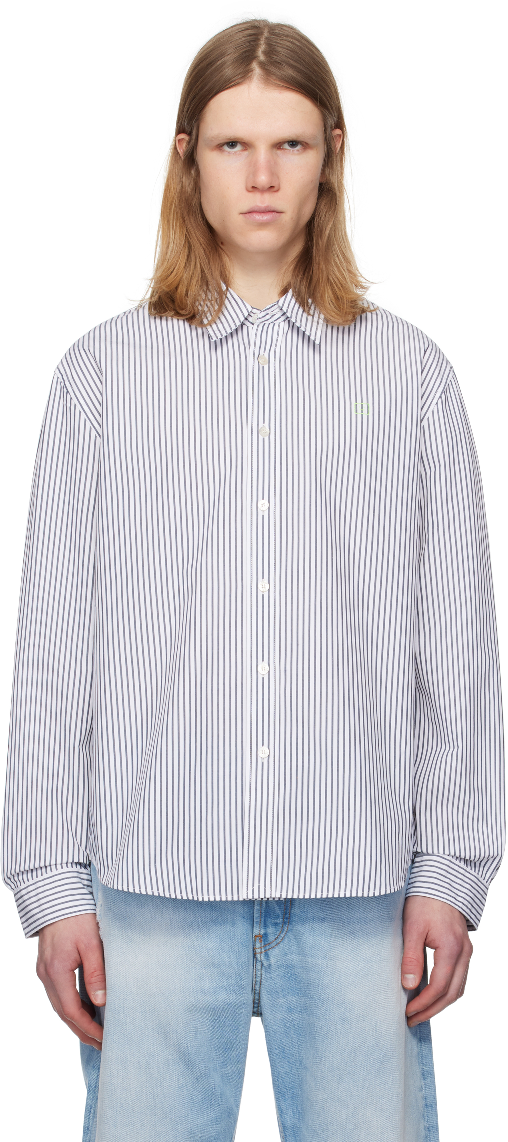 Navy 
White Stripe Button-Up Shirt