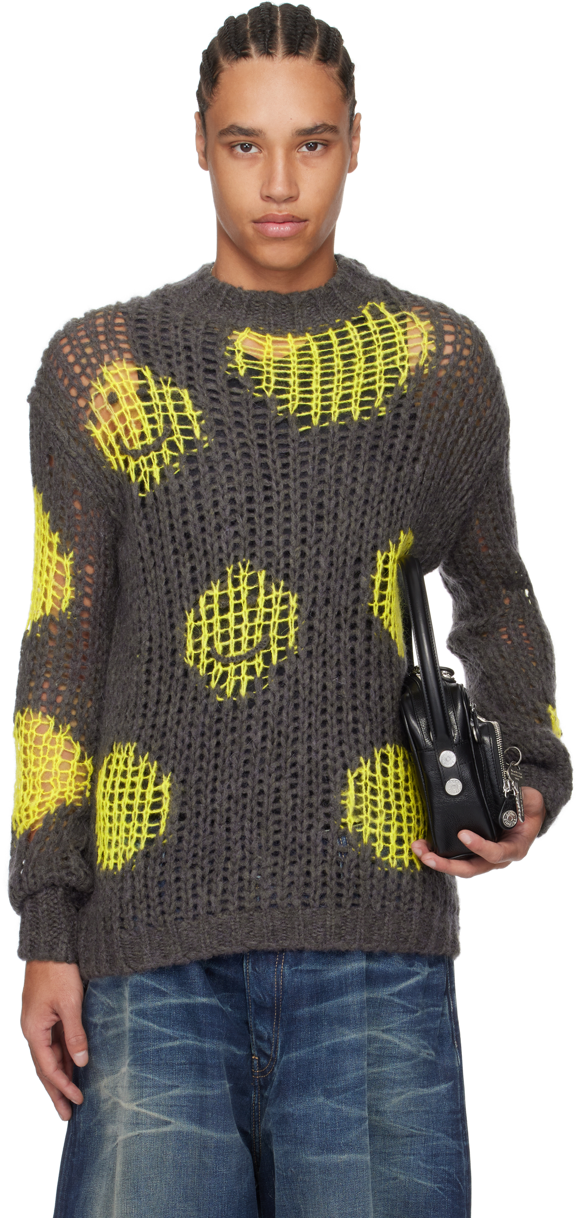 Acne Studios Gray & Yellow Embroidered Mohair Sweater In Amy Grey/yellow