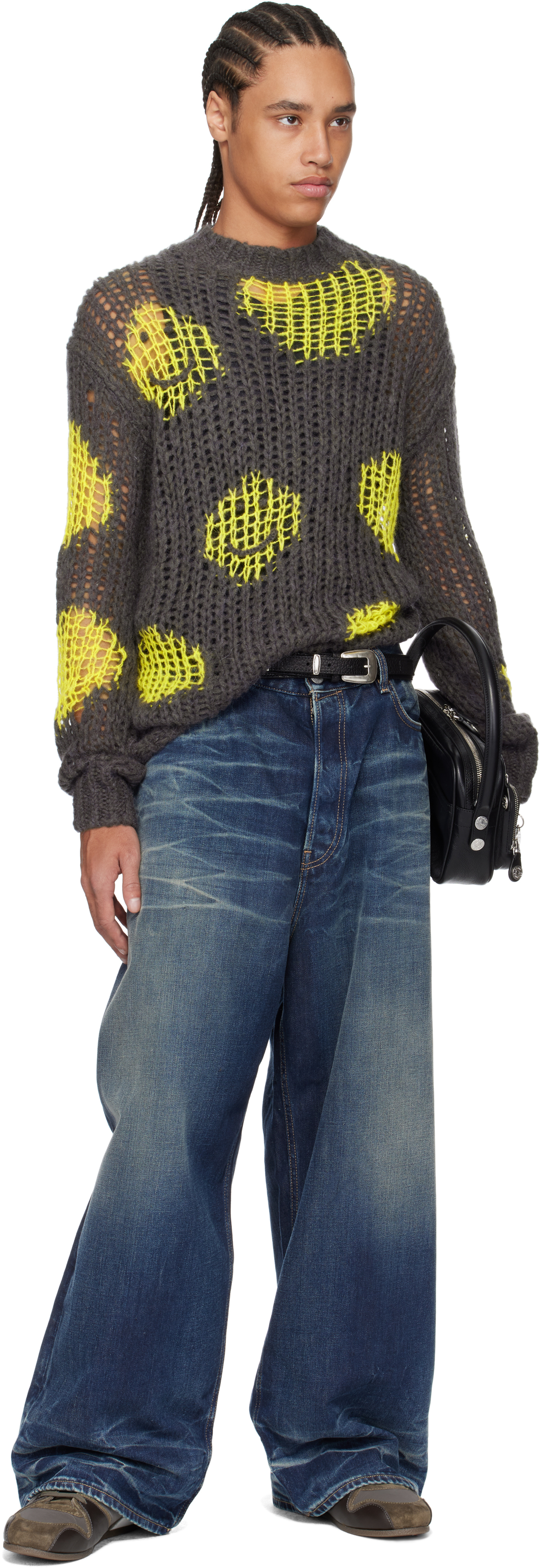 Acne Studios Gray & Yellow Embroidered Mohair Sweater In Amy Grey/yellow