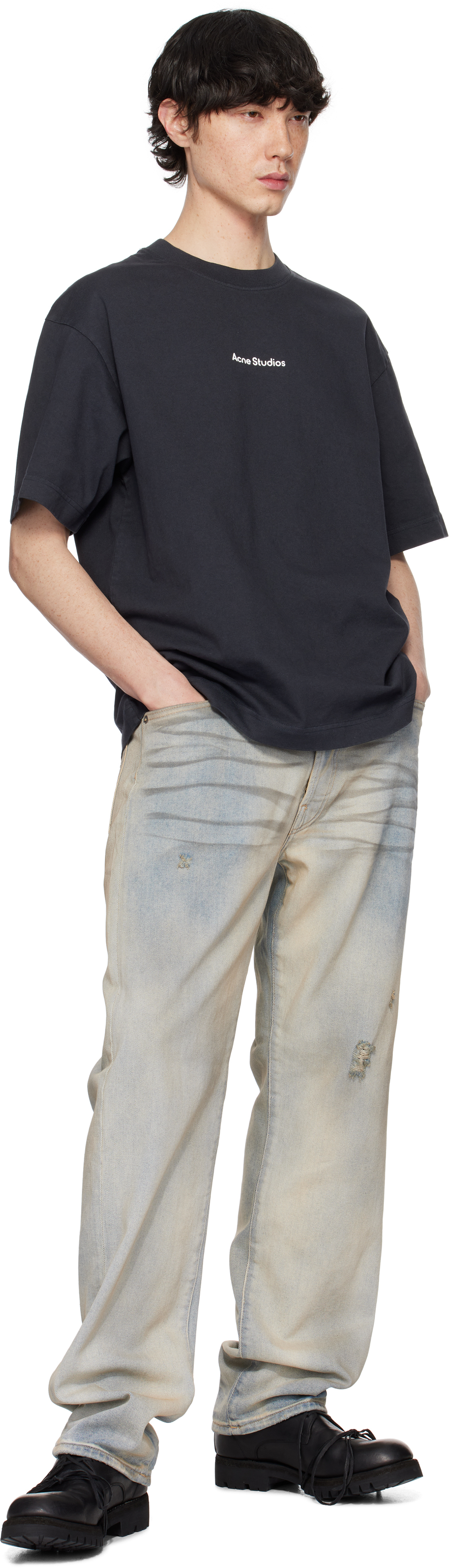 ACNE STUDIOS BLACK RELAXED FIT STAMP LOGO T-SHIRT