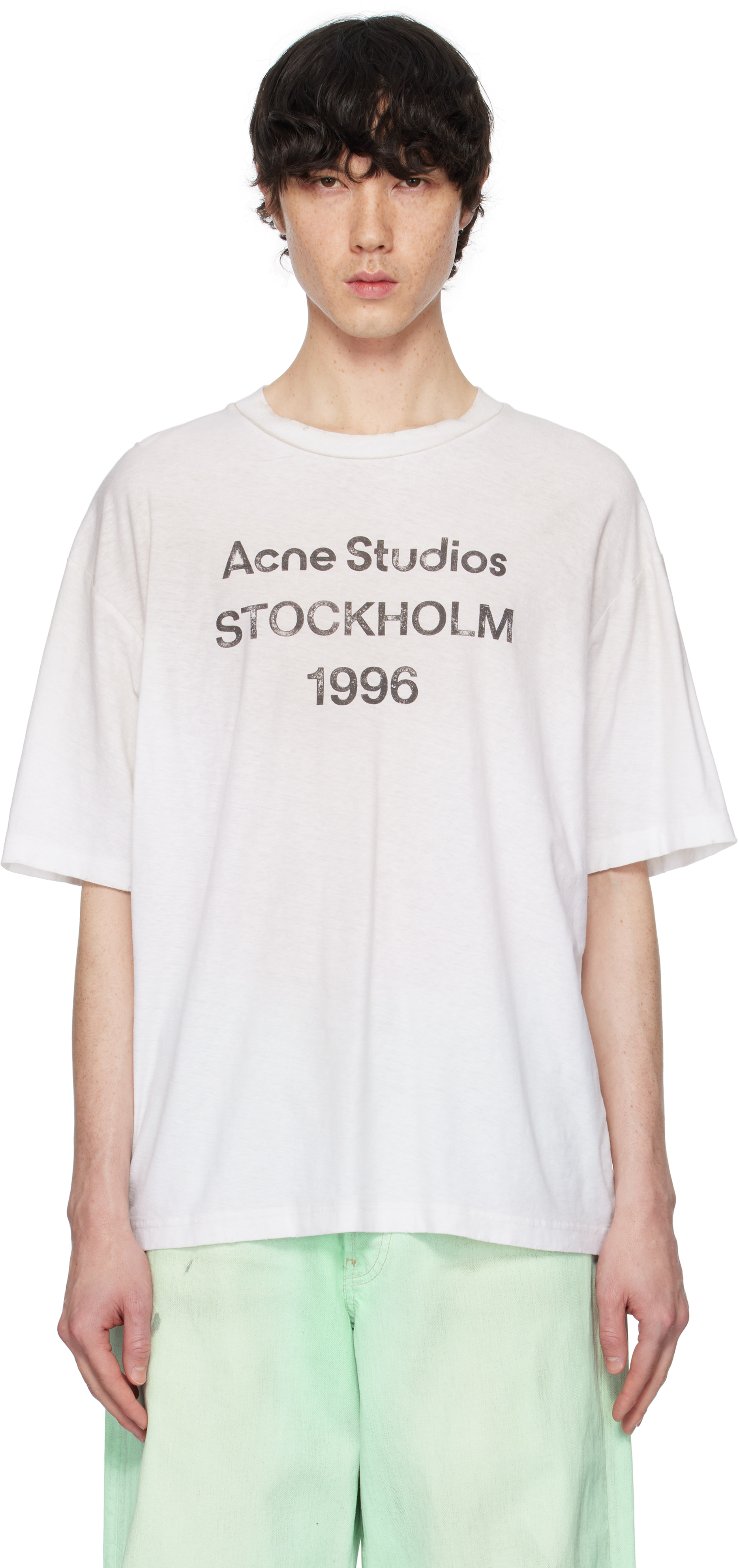 Acne Studios: オフホワイト リラックスフィット ロゴ Tシャツ